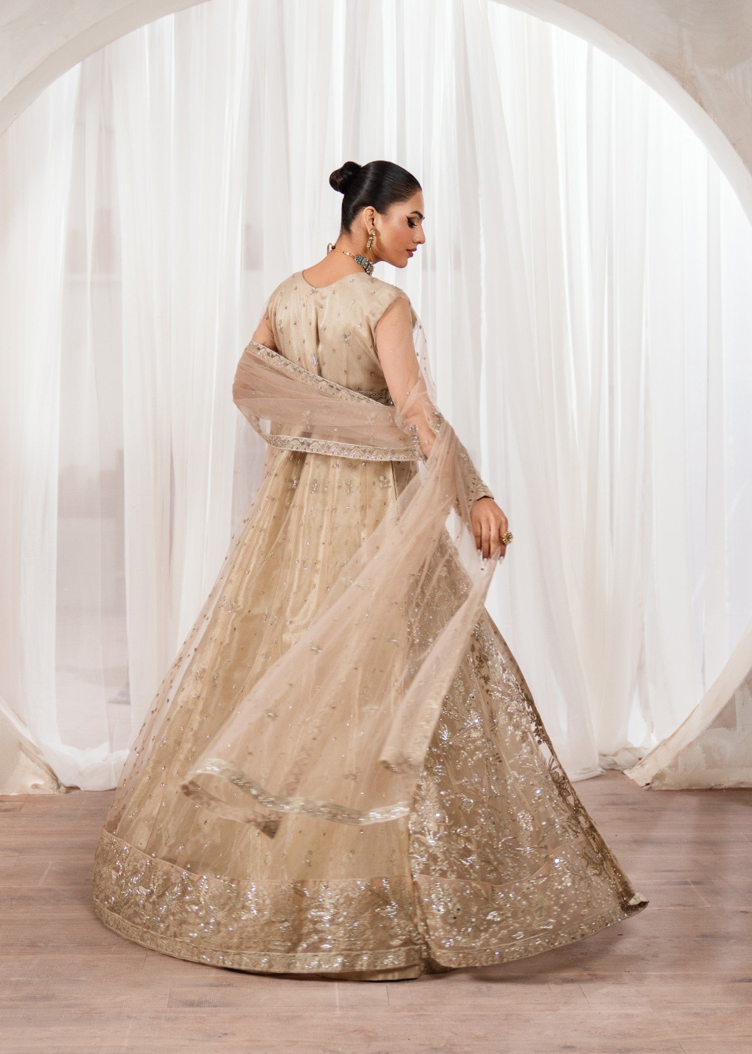 Beige Embroidered Net Maxi Dress (2-Piece) - Image 5