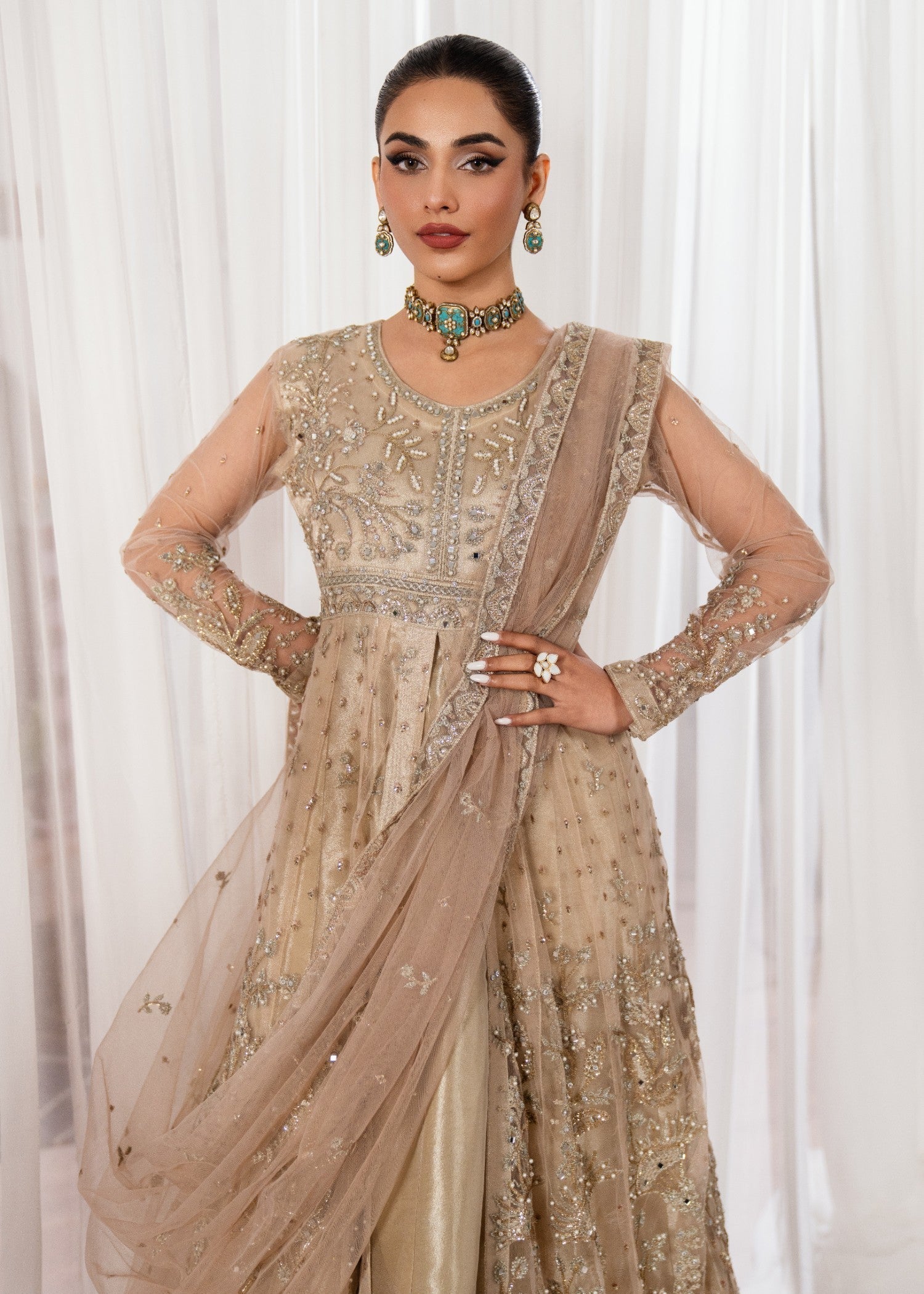 Beige Embroidered Net Maxi Dress (2-Piece) - Image 6