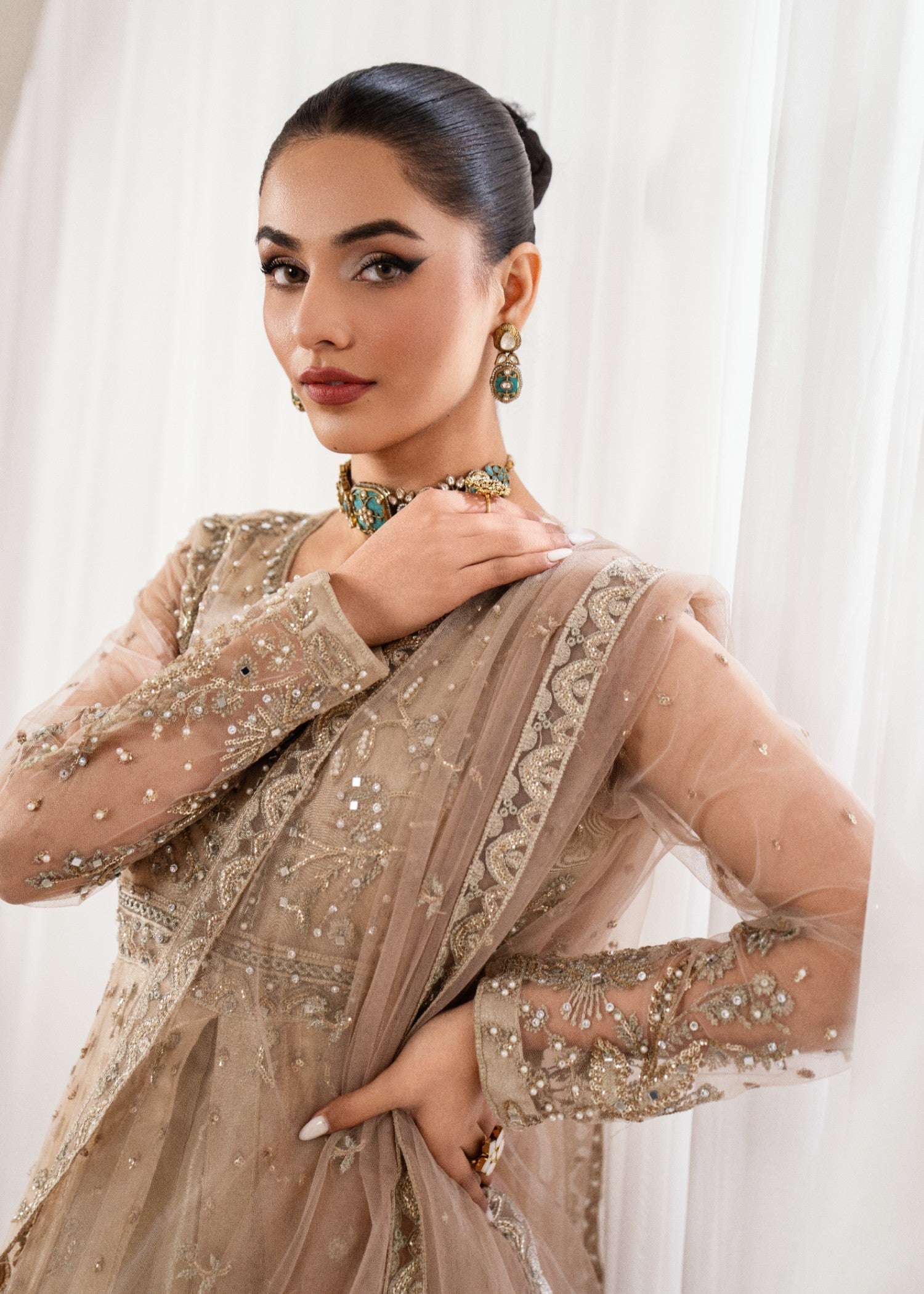 Beige Embroidered Net Maxi Dress (2-Piece) - Image 7