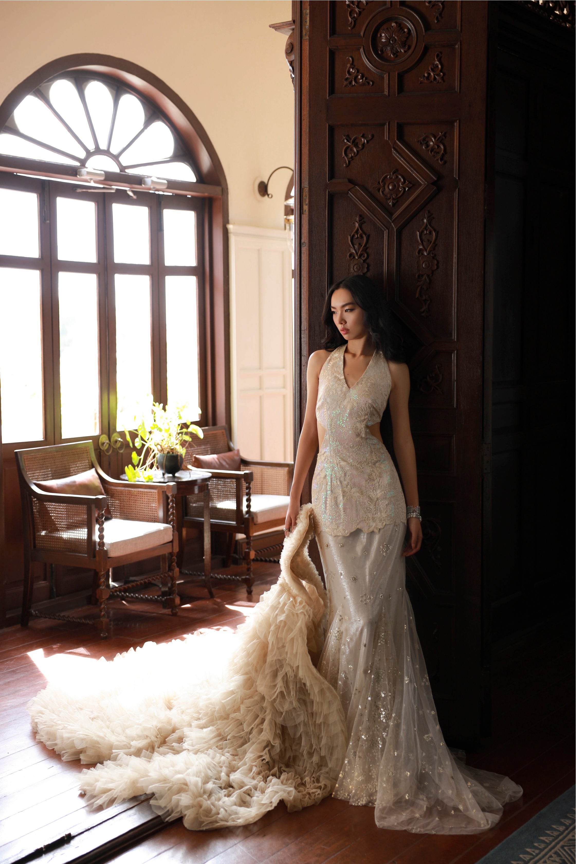 Beige Embroidered Net Halter Gown (1-Pc) - Image 1