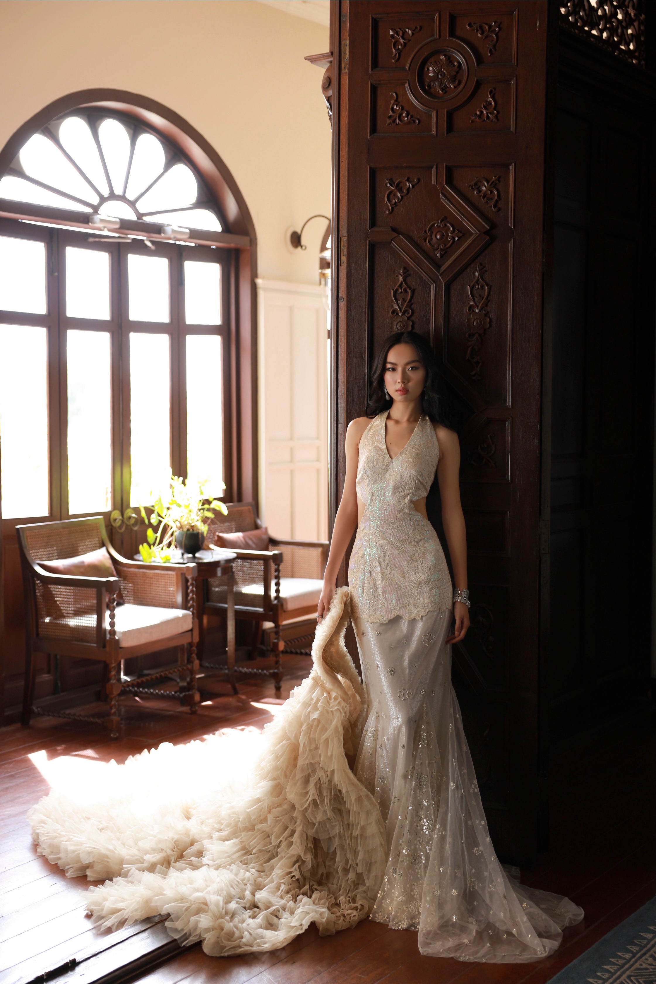 Beige Embroidered Net Halter Gown (1-Pc) - Image 10