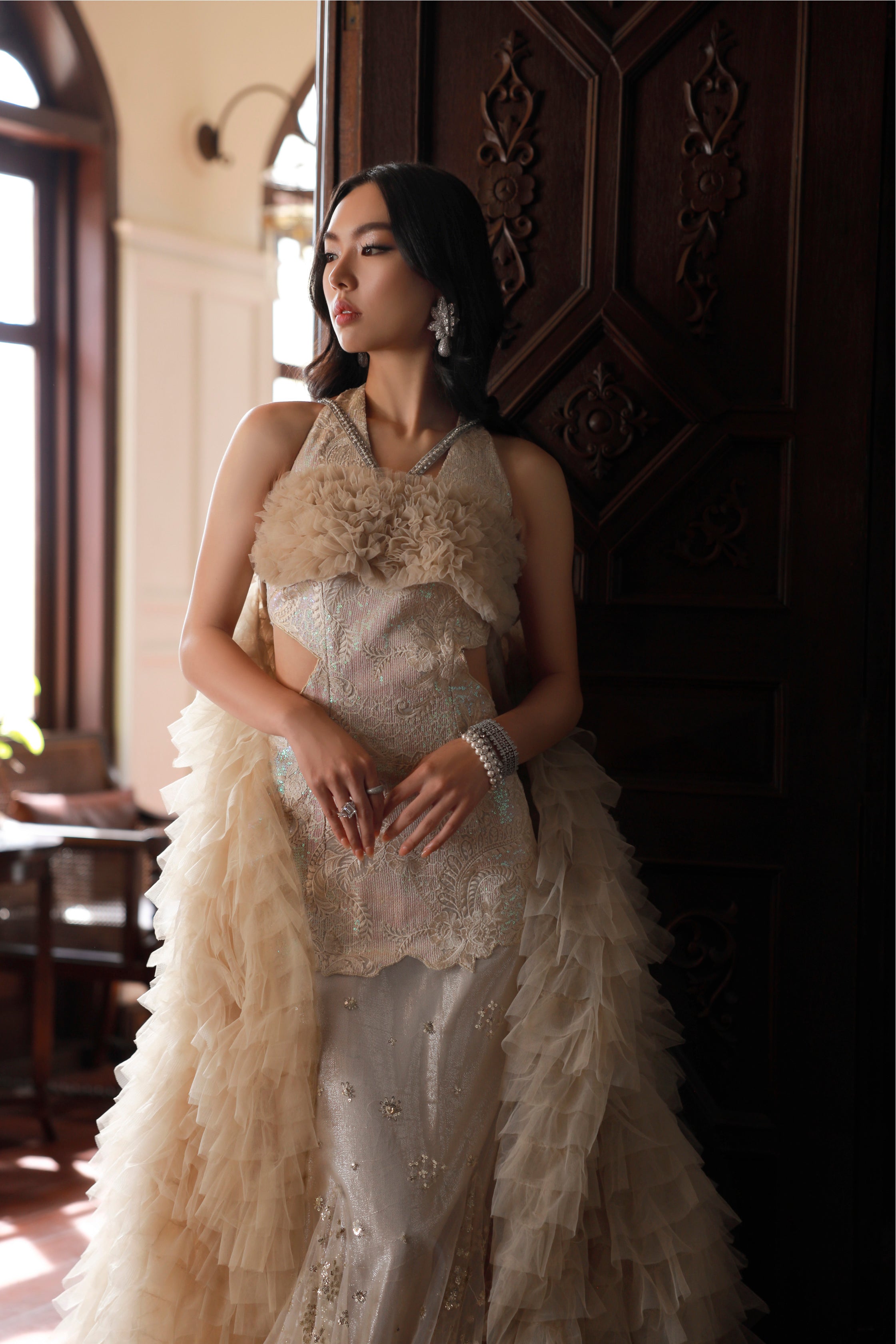 Beige Embroidered Net Halter Gown (1-Pc) - Image 2