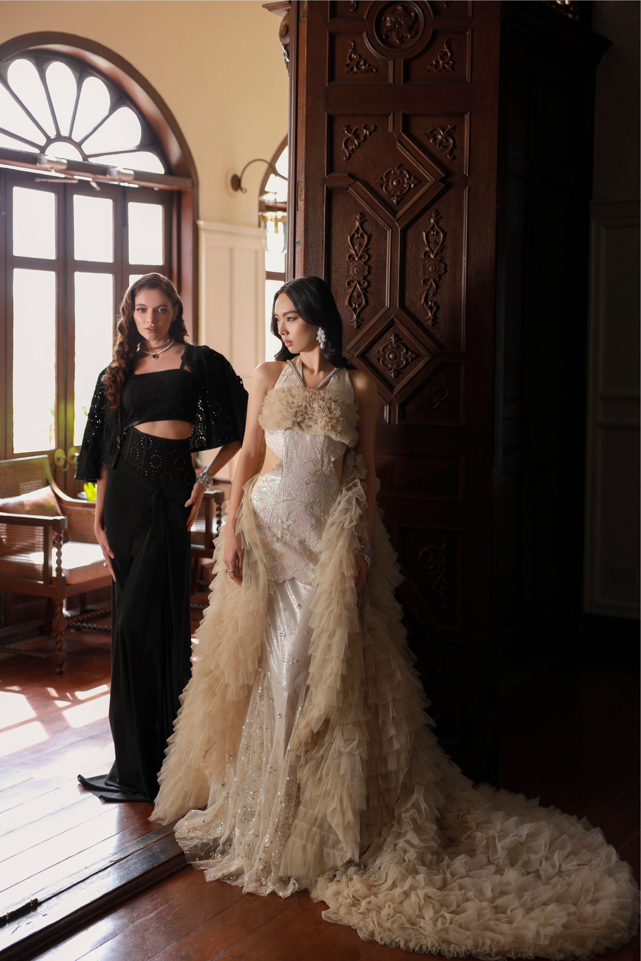 Beige Embroidered Net Halter Gown (1-Pc) - Image 3