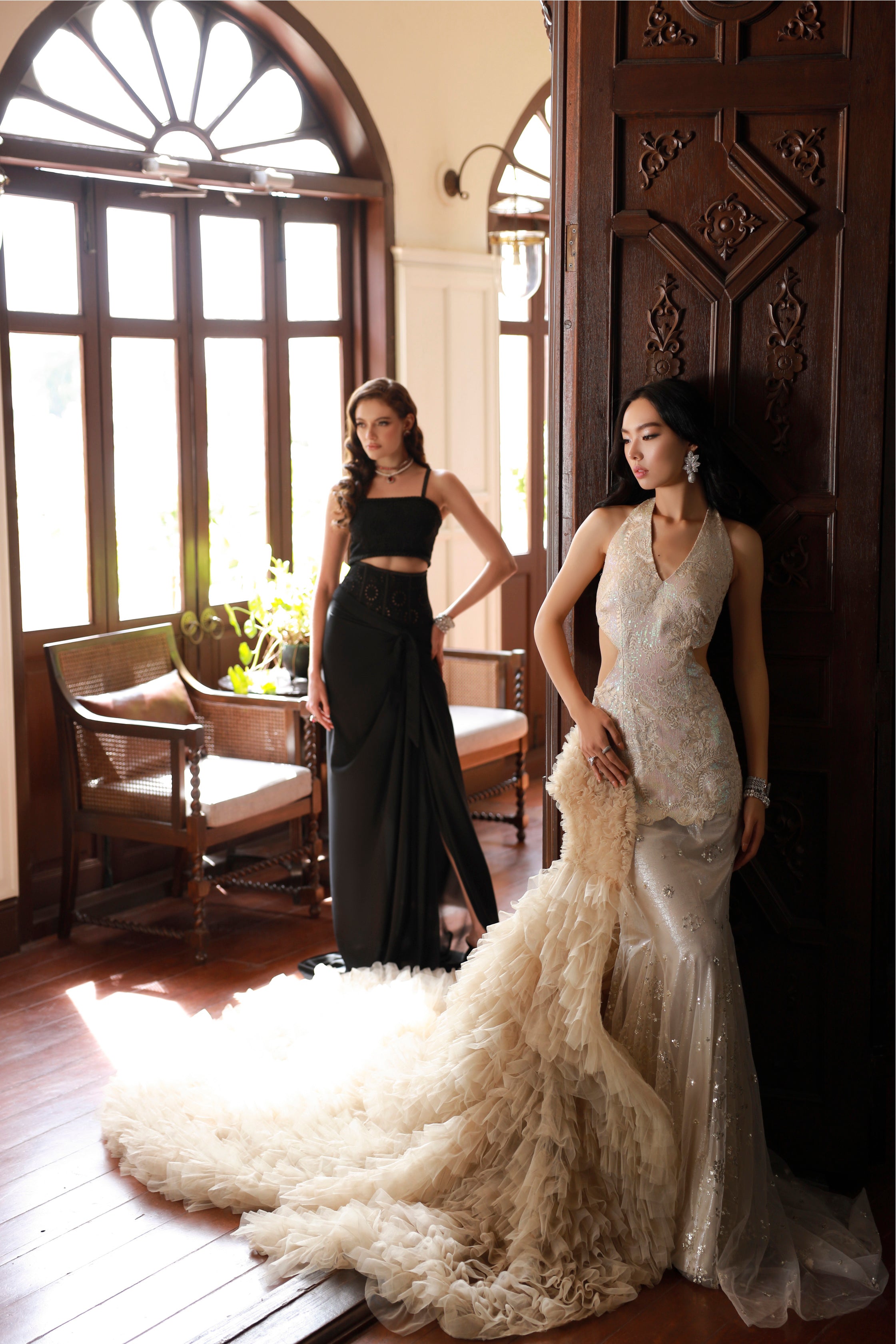 Beige Embroidered Net Halter Gown (1-Pc) - Image 4