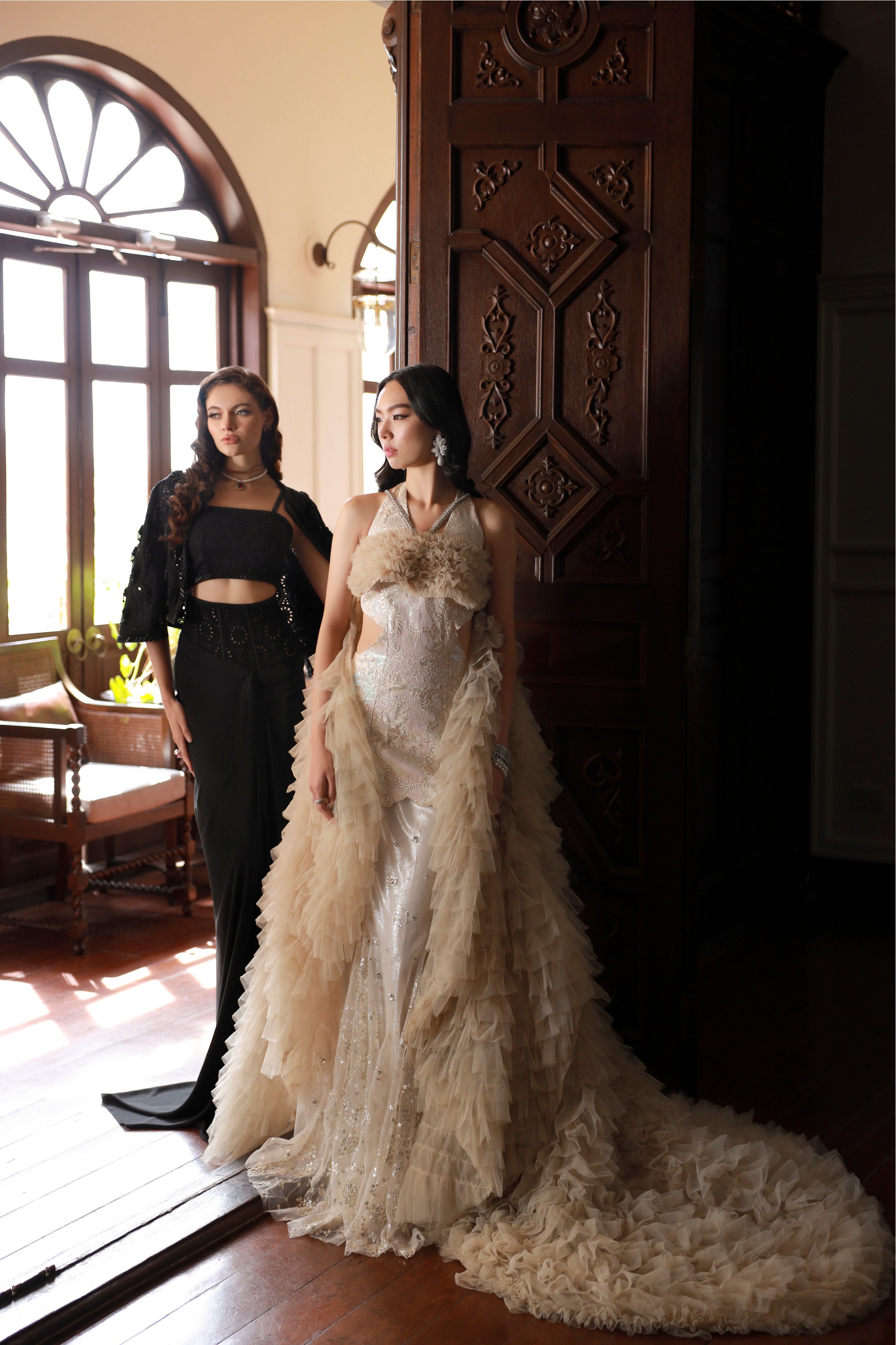 Beige Embroidered Net Halter Gown (1-Pc) - Image 5