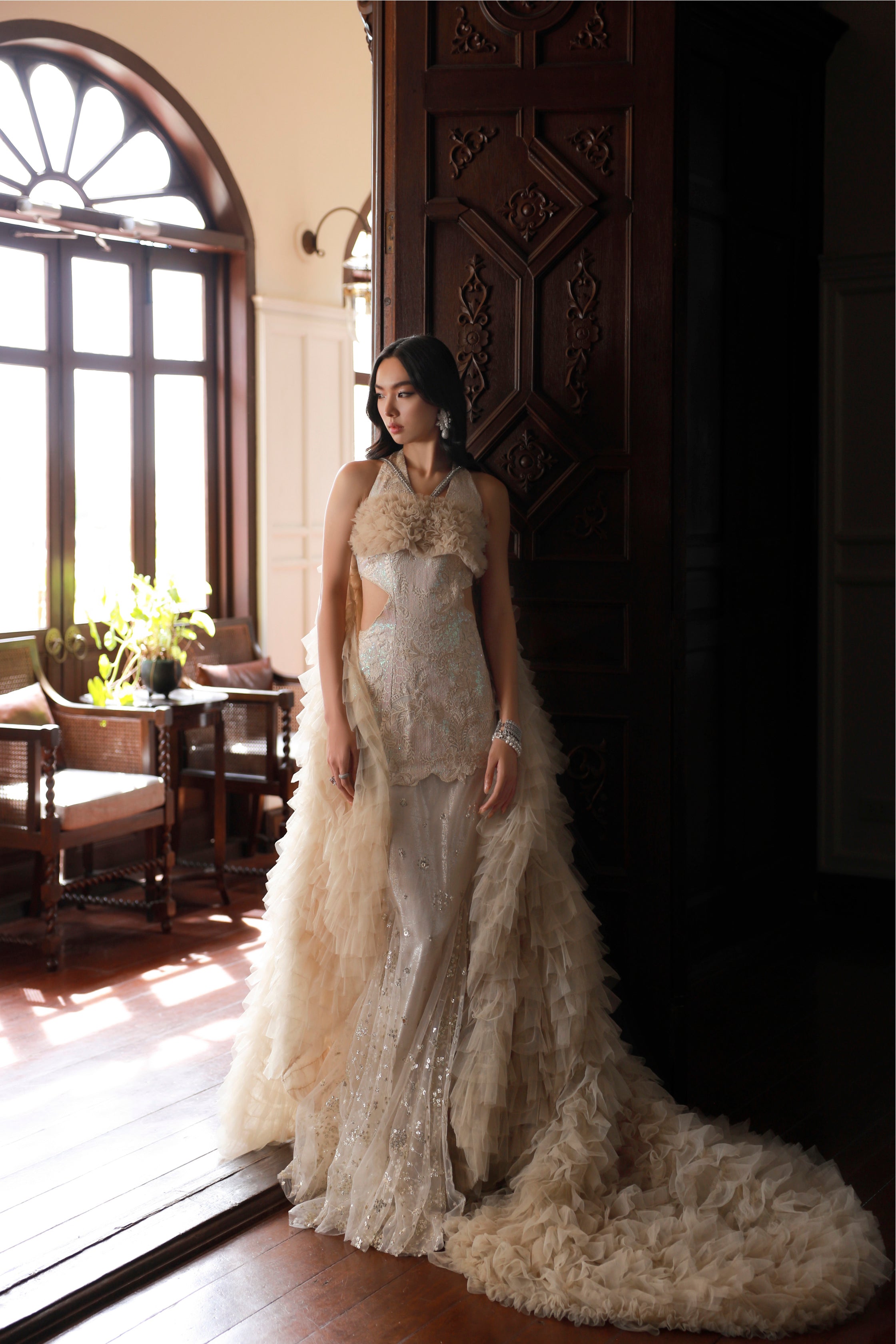 Beige Embroidered Net Halter Gown (1-Pc) - Image 7