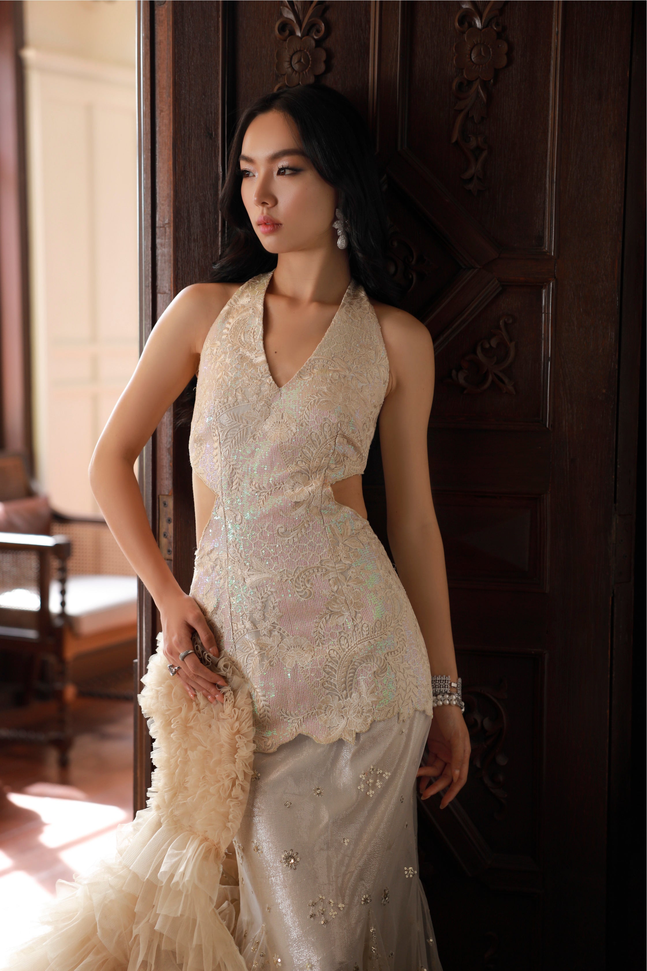Beige Embroidered Net Halter Gown (1-Pc) - Image 9