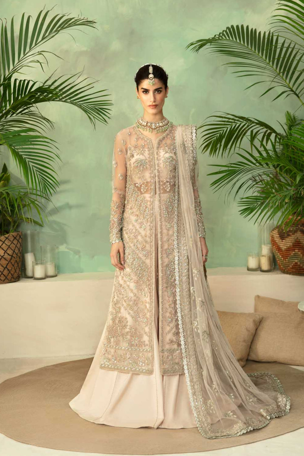 Pakistani Soft Beige Hand-Embellished Net & Organza Bridal Gown (2-Piece) - Image 1