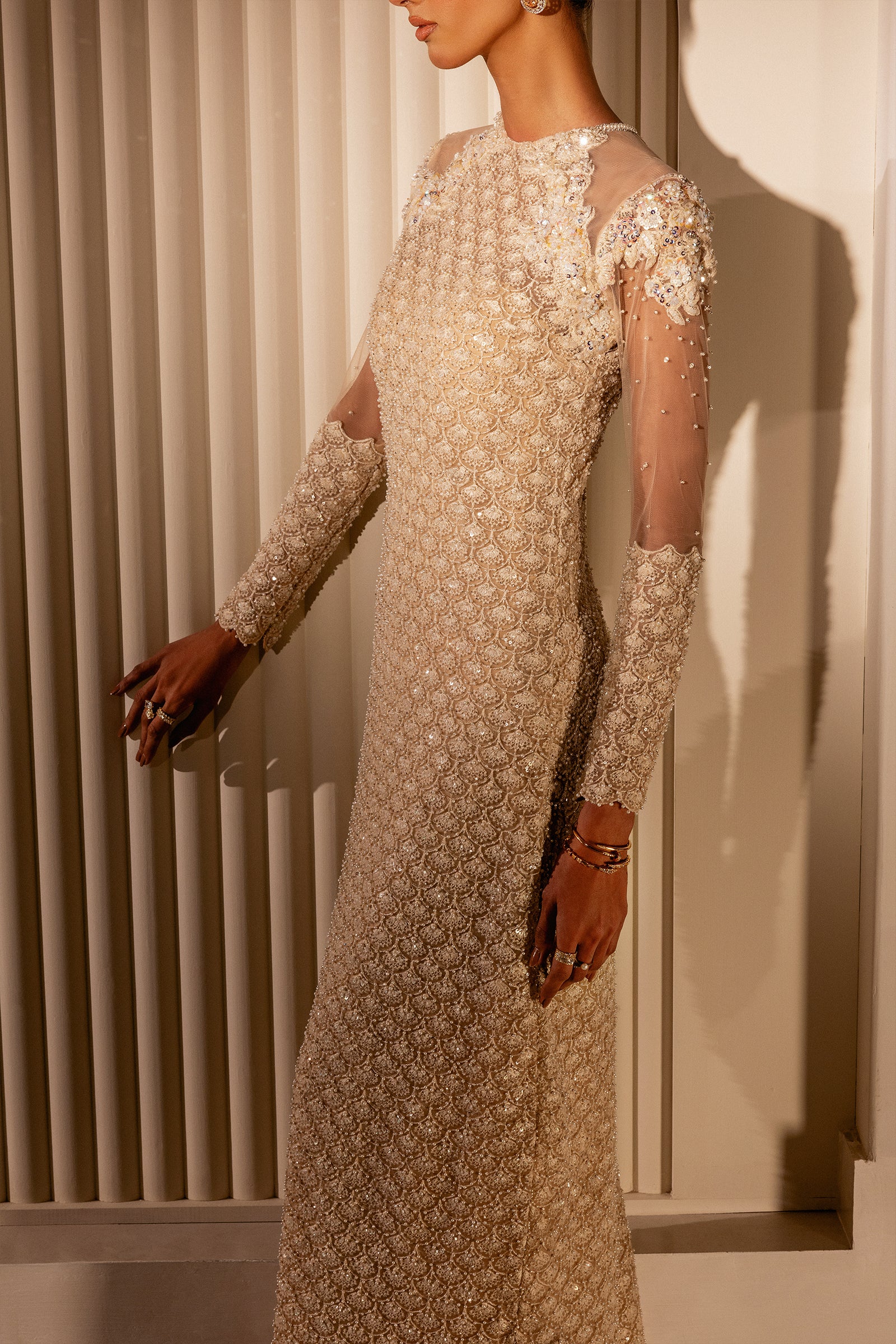 Pakistani Nude Beige Embellished Net Gown (1-Pc) - Image 10