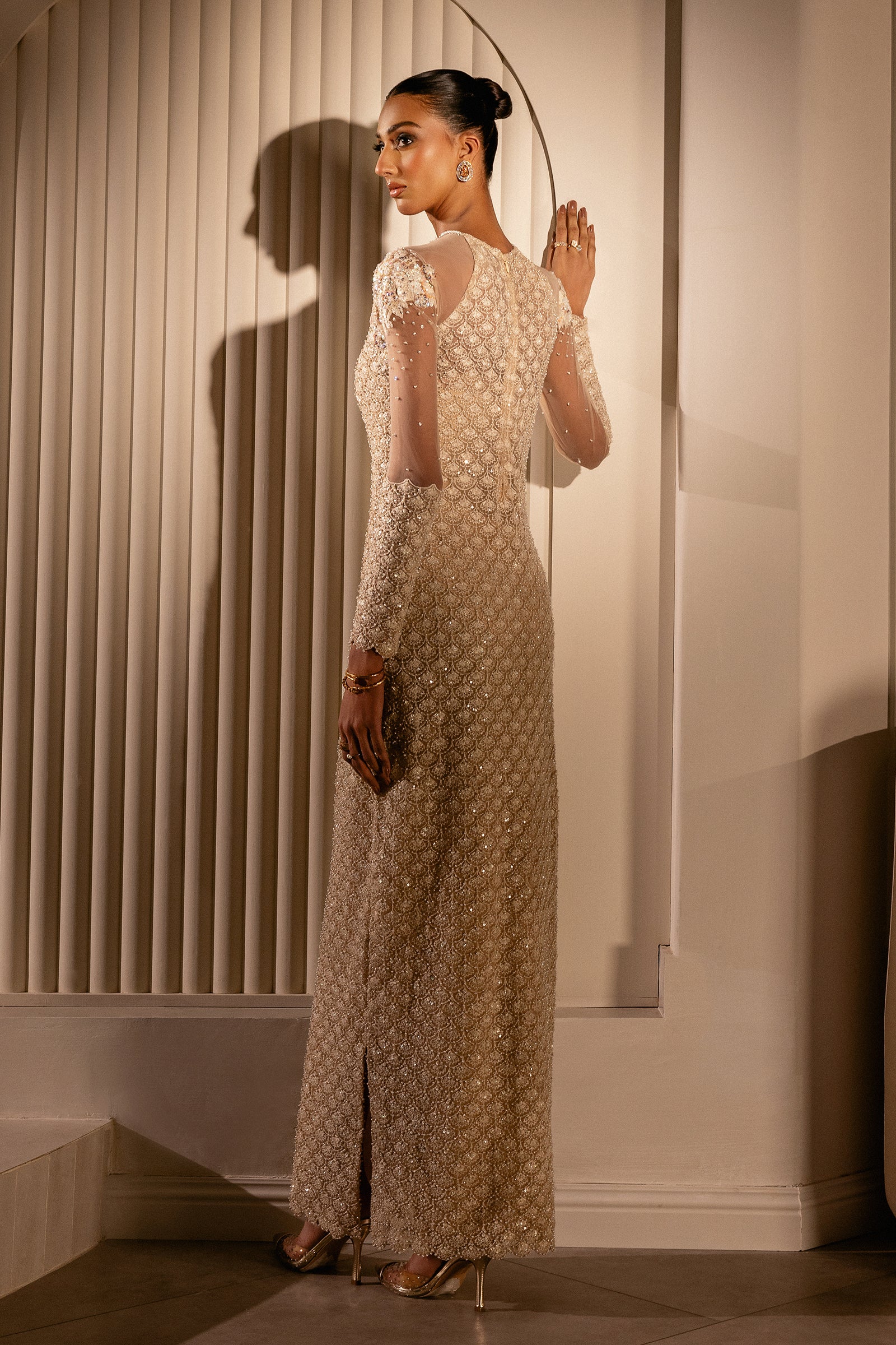 Pakistani Nude Beige Embellished Net Gown (1-Pc) - Image 2