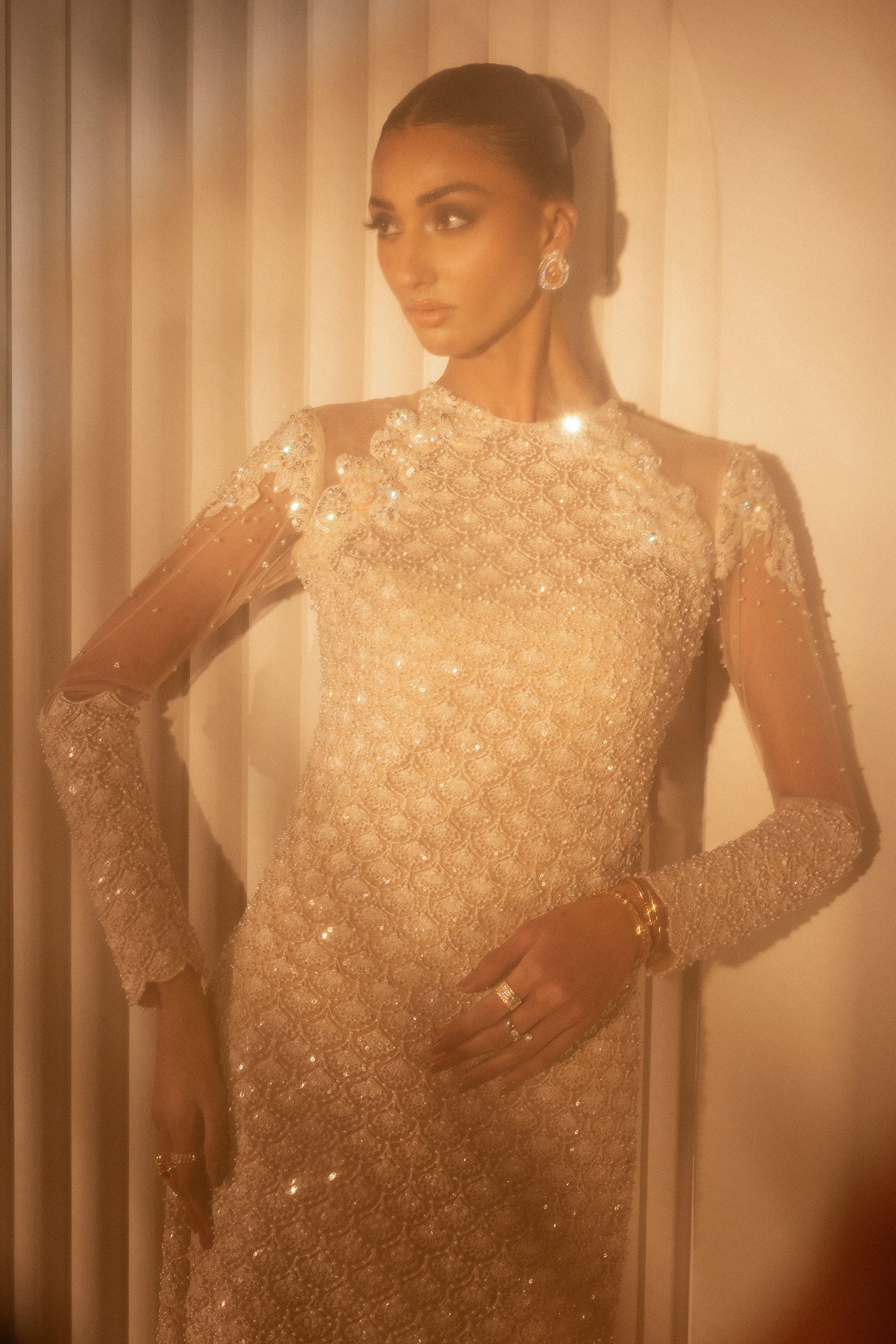 Pakistani Nude Beige Embellished Net Gown (1-Pc) - Image 3
