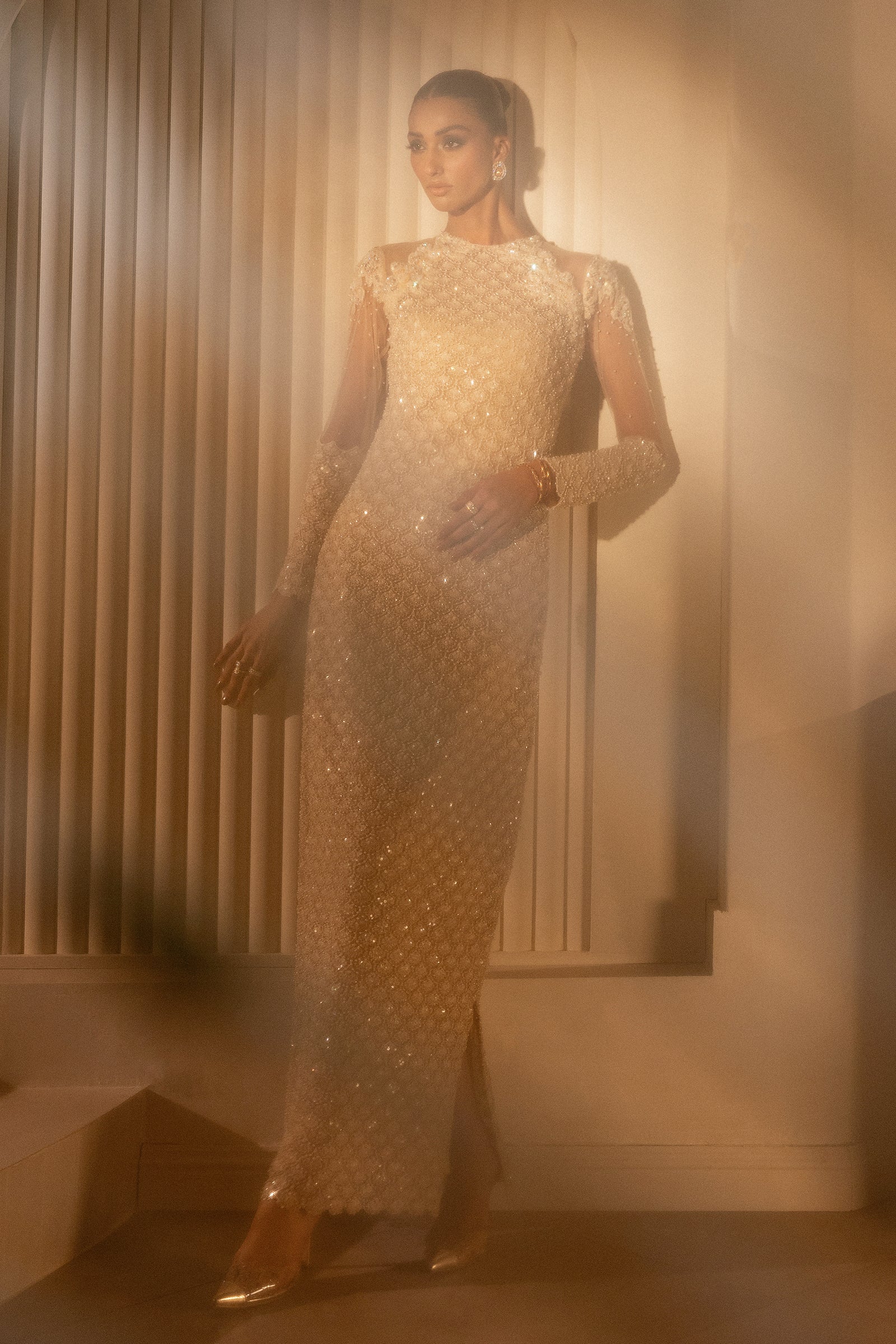 Pakistani Nude Beige Embellished Net Gown (1-Pc) - Image 4