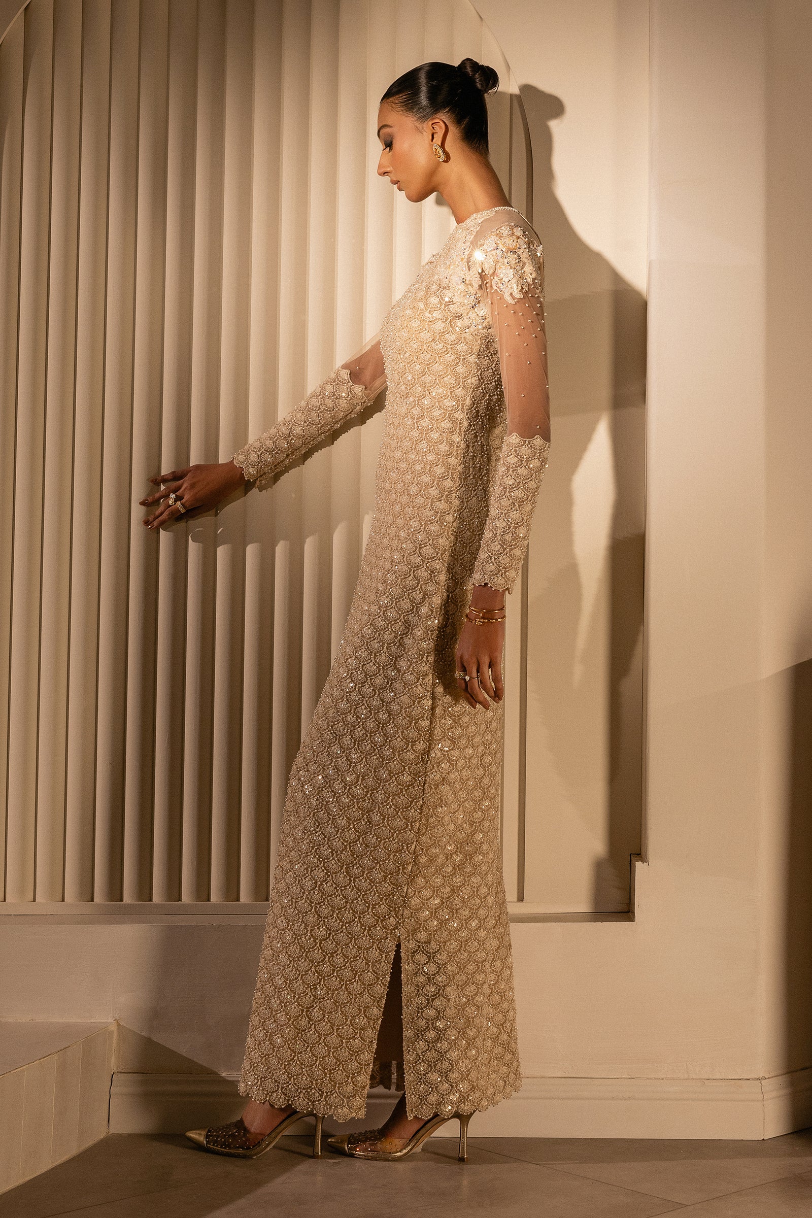 Pakistani Nude Beige Embellished Net Gown (1-Pc) - Image 5