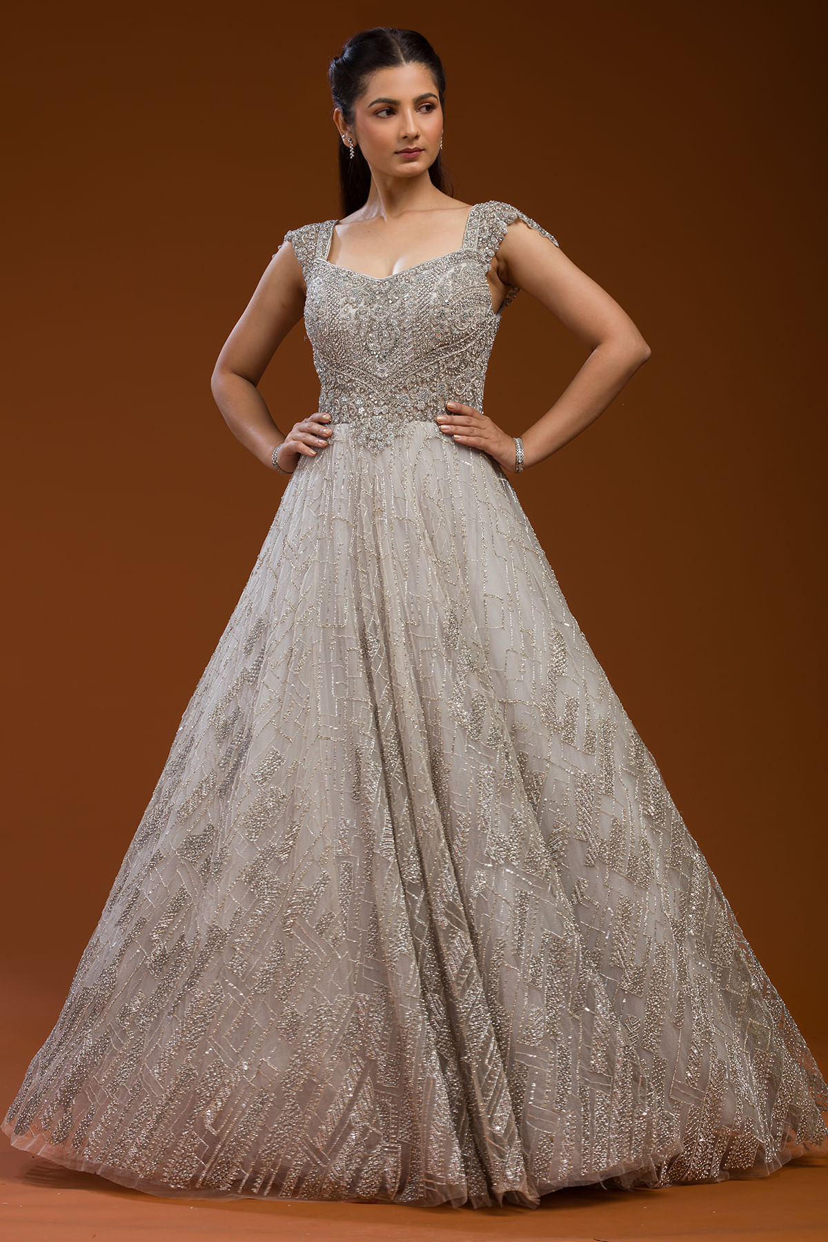 Indian Grey Beige Embellished Net Flared Gown (1-Pc) - Image 1