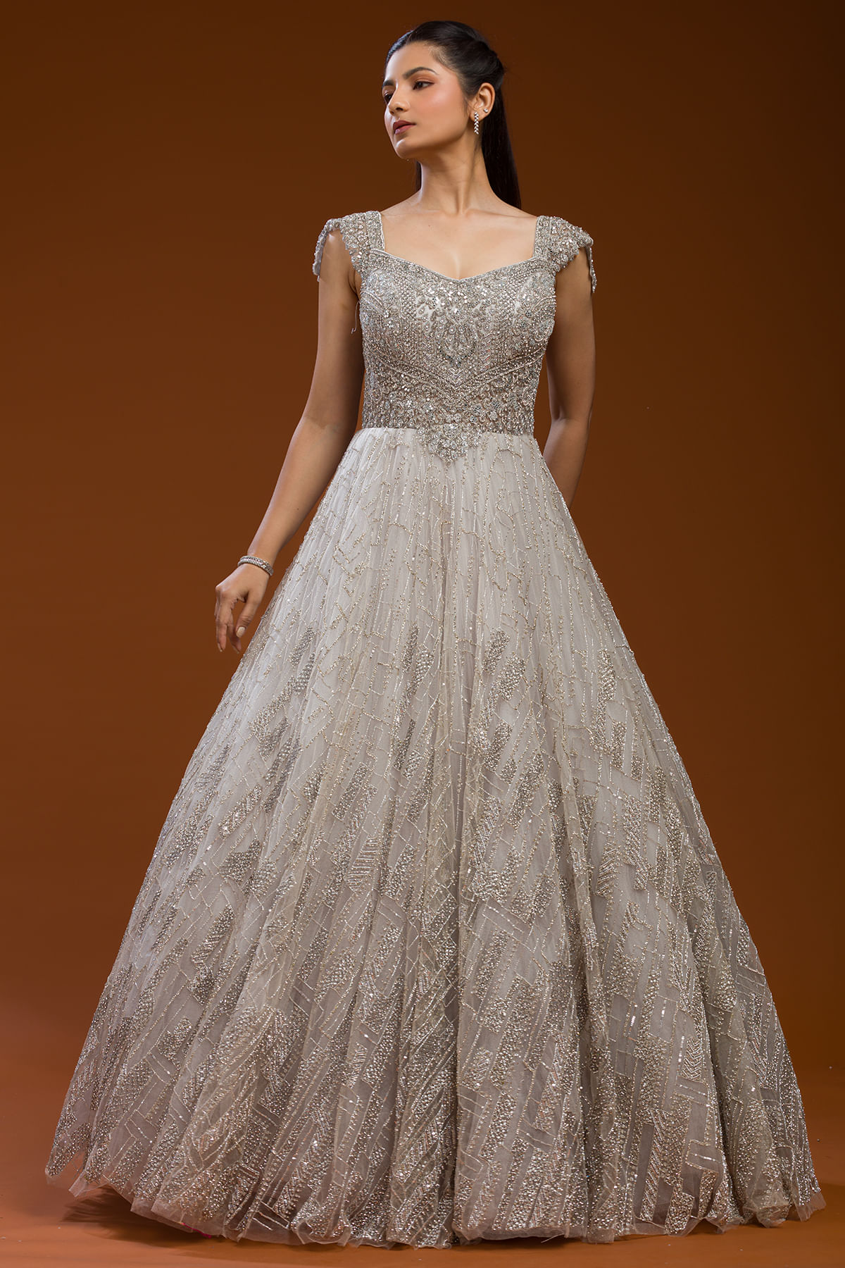 Indian Grey Beige Embellished Net Flared Gown (1-Pc) - Image 3