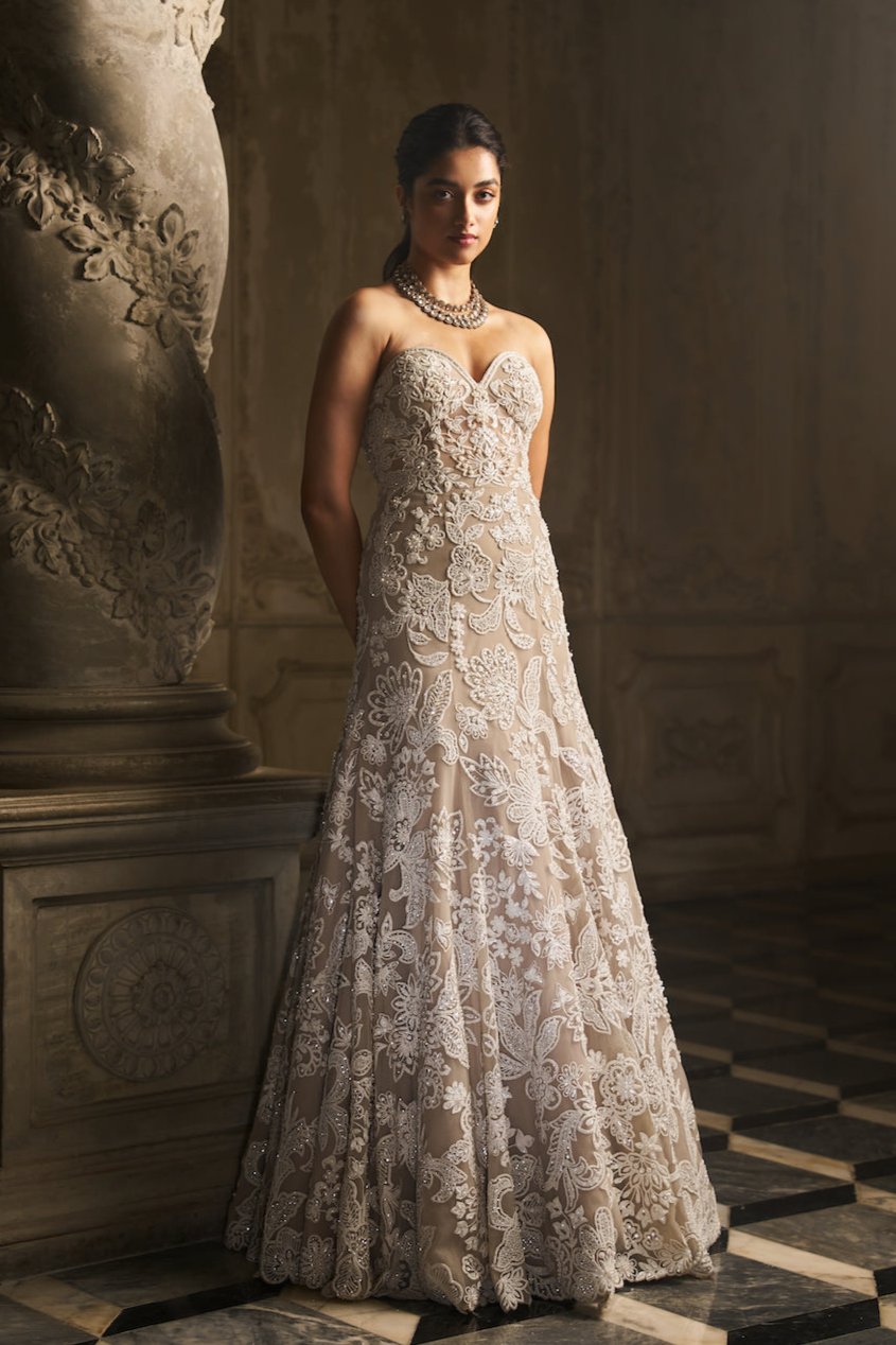 Indian Nude Thread & Pearl Embroidered Net Gown (1-Pc) - Image 1