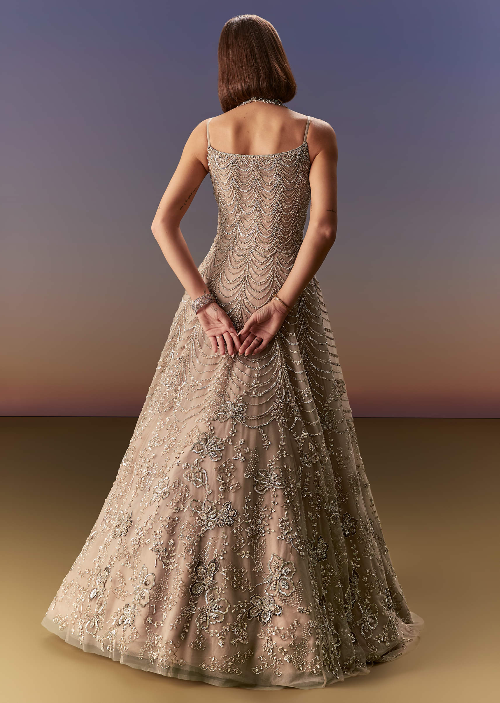 Indian Beige Embroidered Net Gown (1-Pc) - Image 2