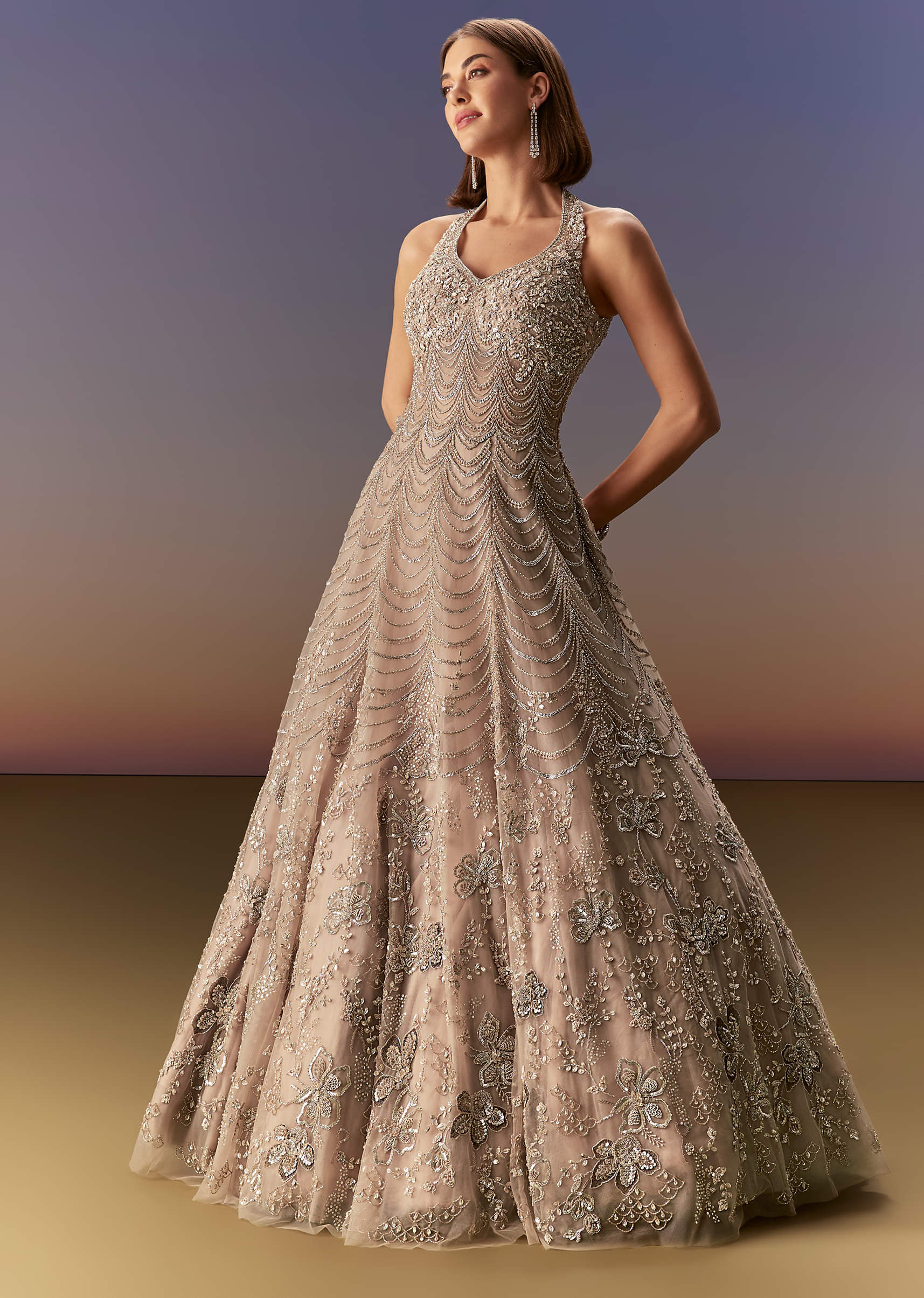 Indian Beige Embroidered Net Gown (1-Pc) - Image 3