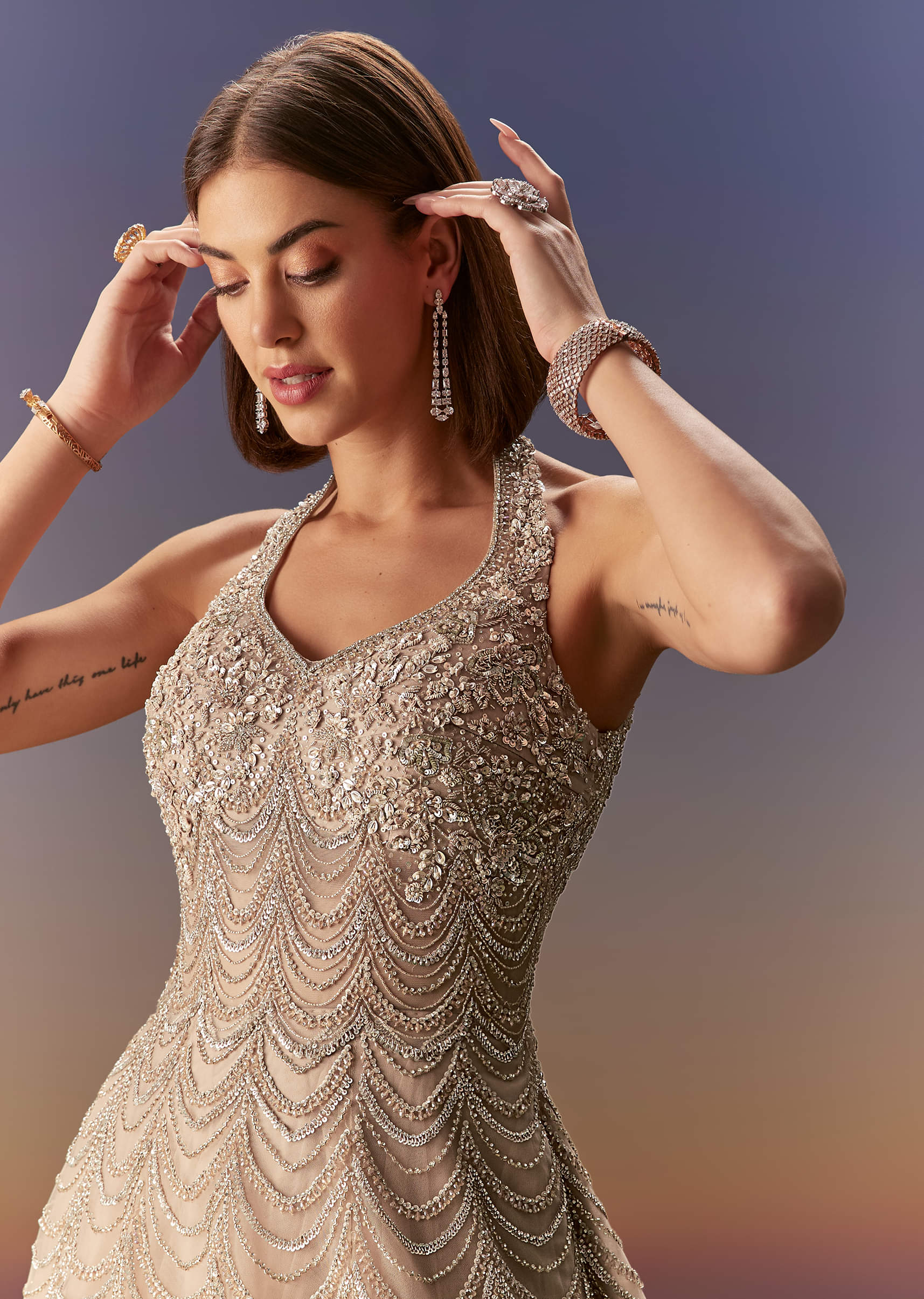 Indian Beige Embroidered Net Gown (1-Pc) - Image 4