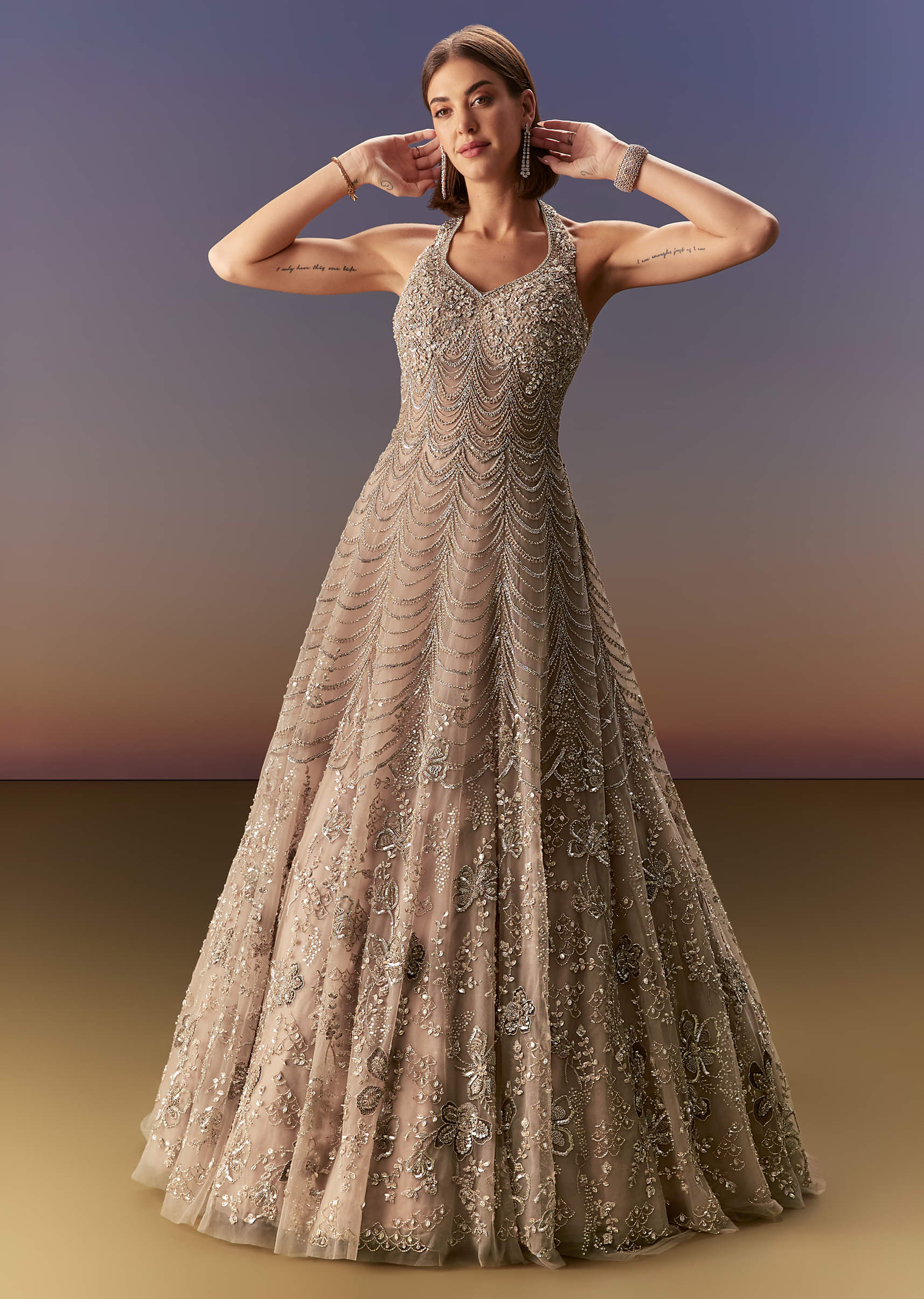 Indian Beige Embroidered Net Gown (1-Pc) - Image 5