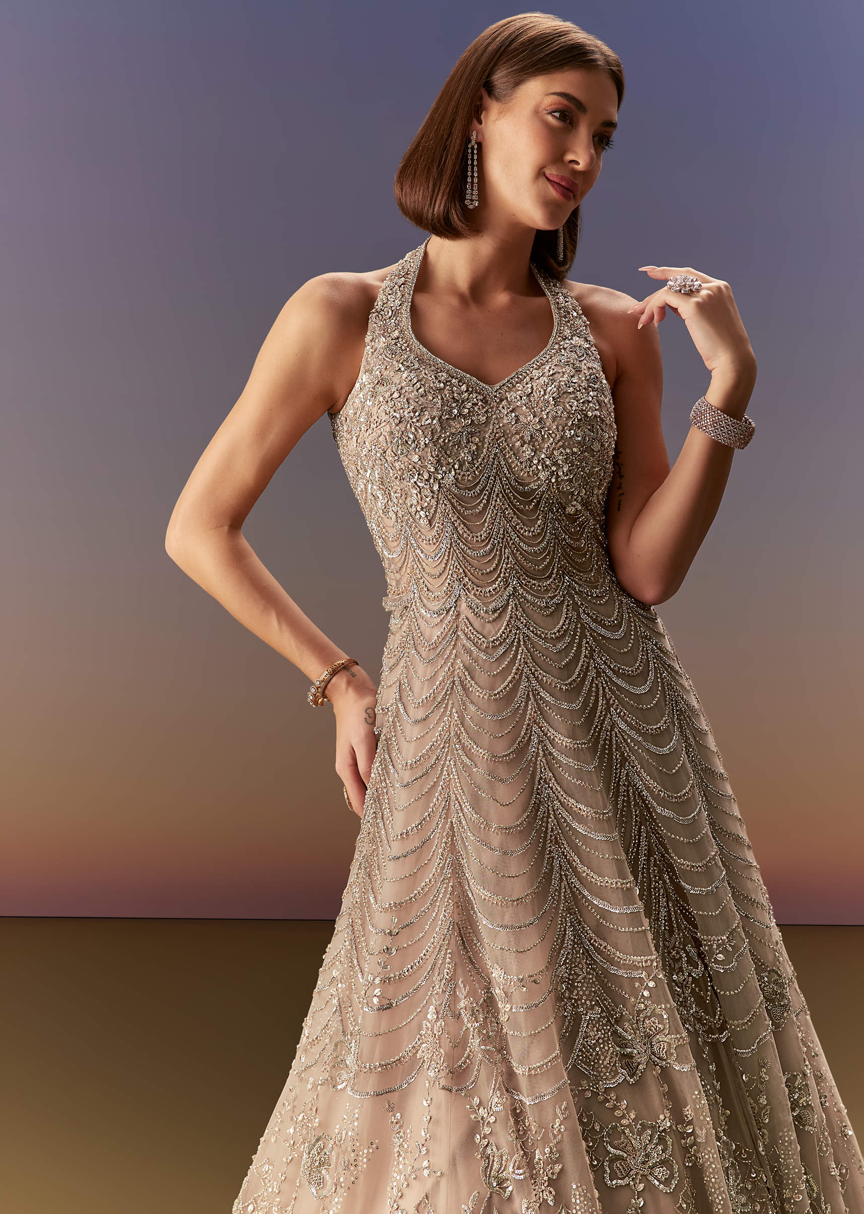 Indian Beige Embroidered Net Gown (1-Pc) - Image 6