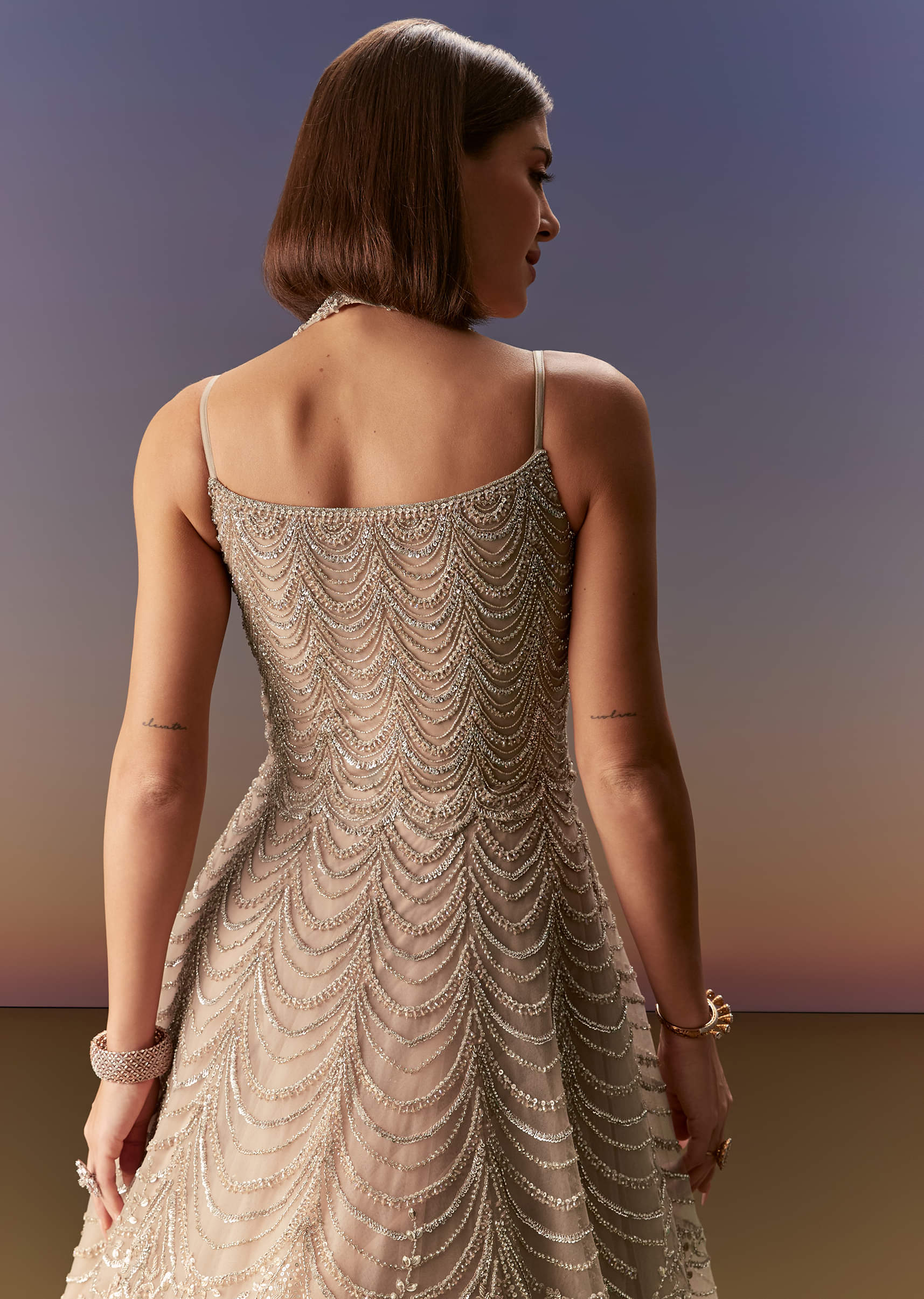 Indian Beige Embroidered Net Gown (1-Pc) - Image 7