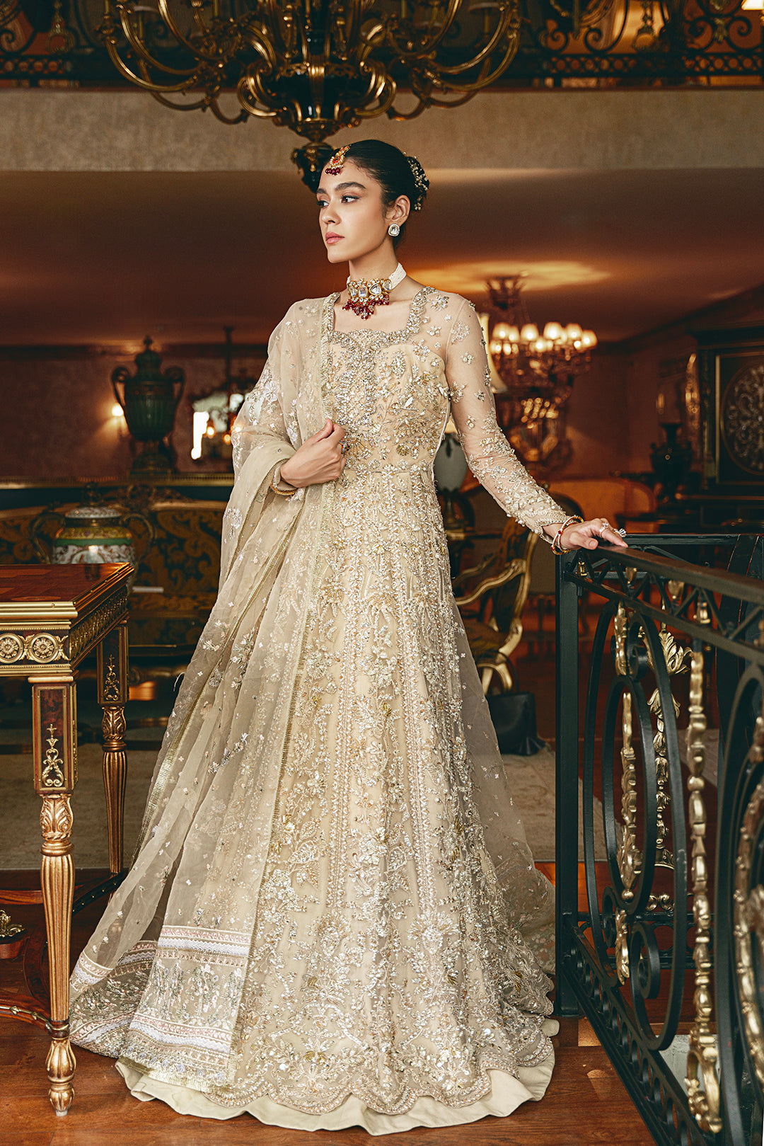 Pakistani Beige Embellished Net Bridal Gown (2-Piece) - Image 1