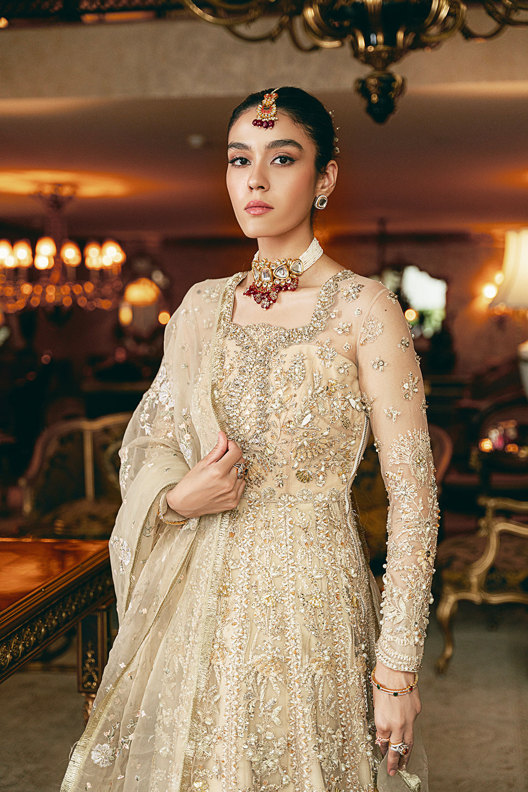 Pakistani Beige Embellished Net Bridal Gown (2-Piece) - Image 2