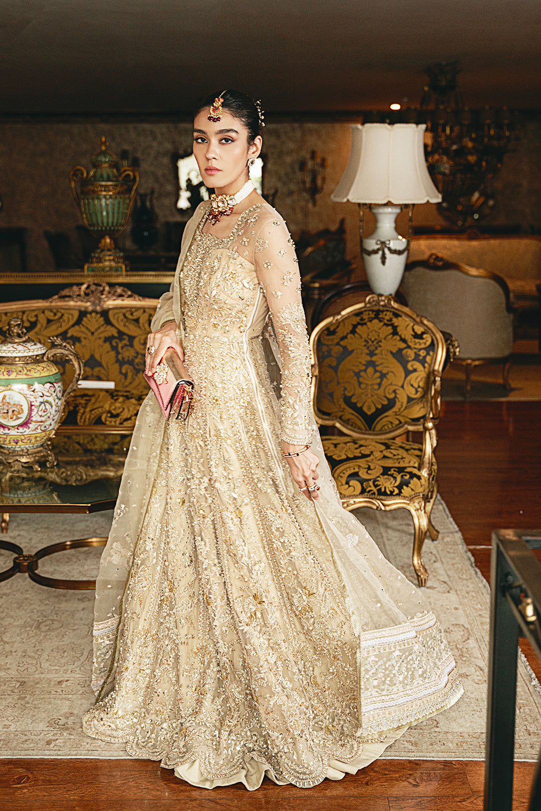 Pakistani Beige Embellished Net Bridal Gown (2-Piece) - Image 3