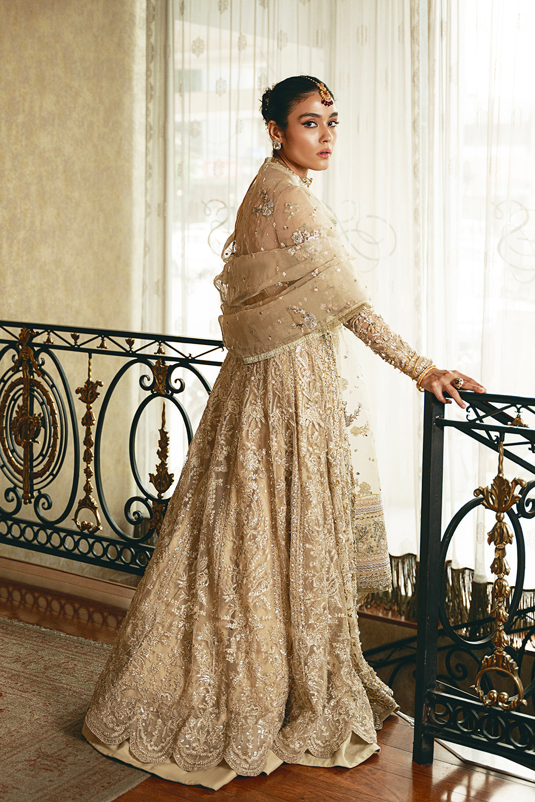 Pakistani Beige Embellished Net Bridal Gown (2-Piece) - Image 4