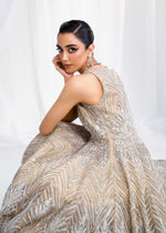 Beige Silver Embroidered Net Bridal Gown (3-Piece) - Image 3