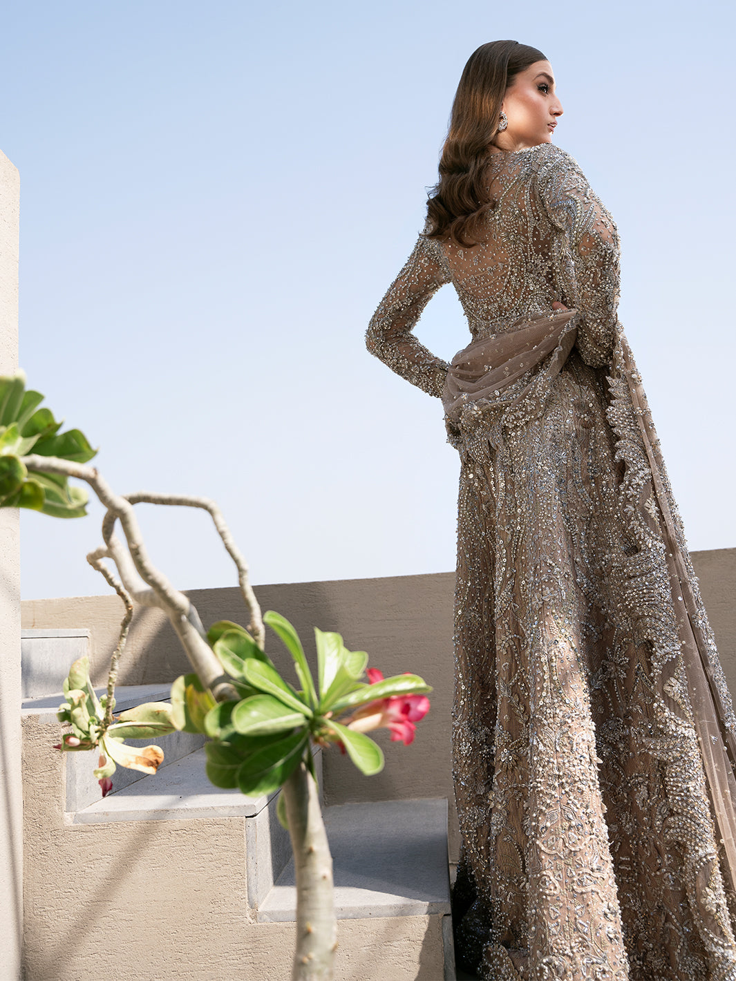 Taupe Silver Embellished Net Bridal Maxi (2-Piece) - Image 12