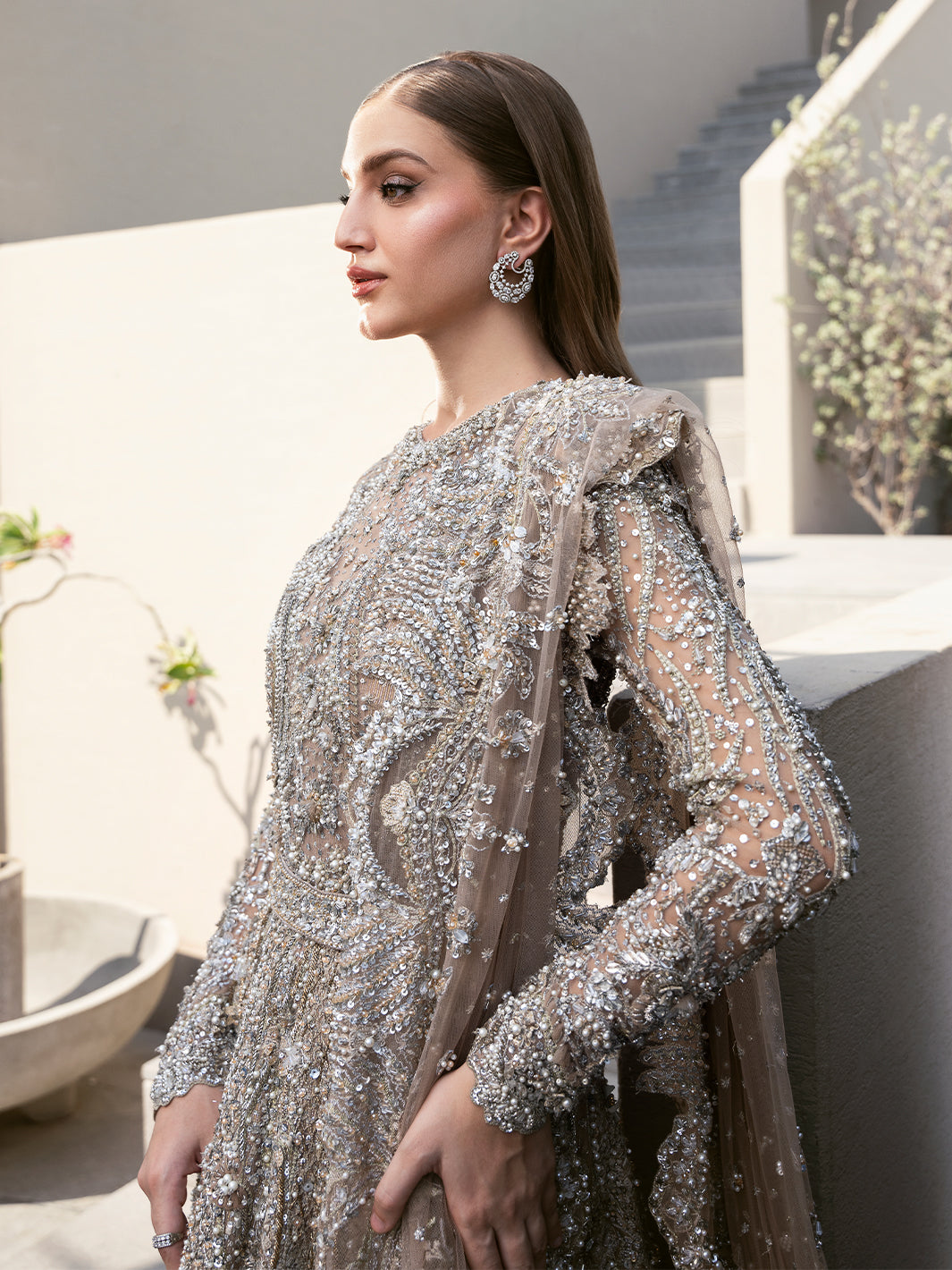 Taupe Silver Embellished Net Bridal Maxi (2-Piece) - Image 2