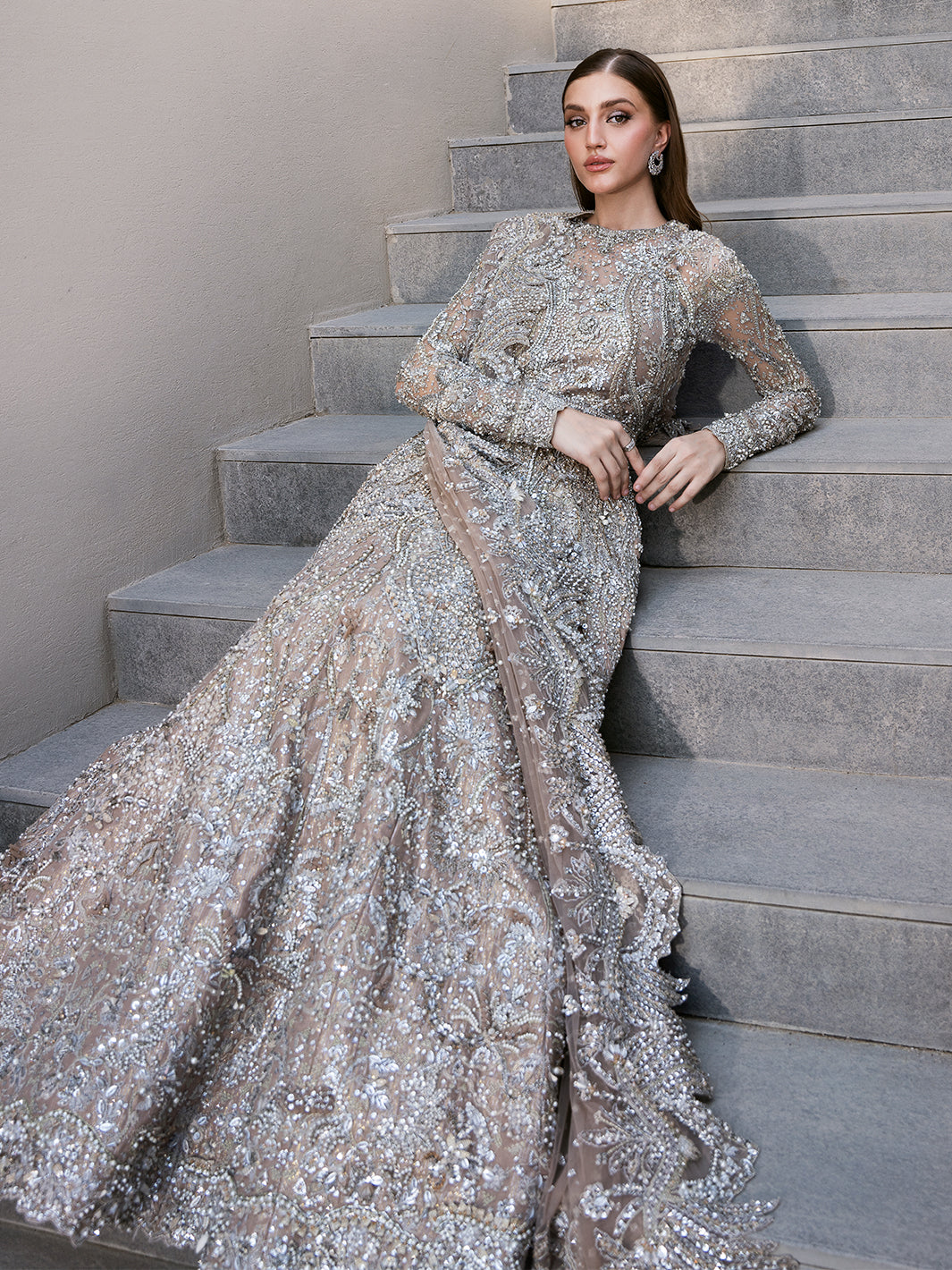 Taupe Silver Embellished Net Bridal Maxi (2-Piece) - Image 4