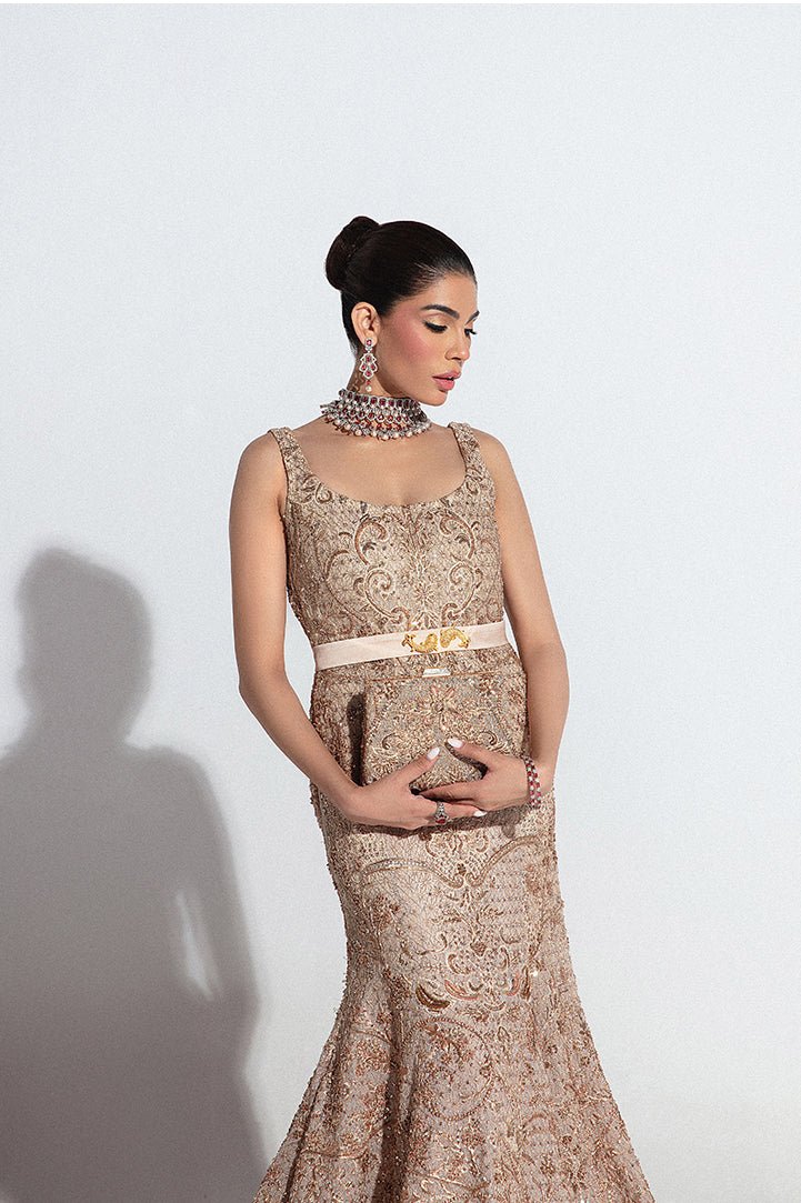 Beige Embroidered Net Bridal Gown (2-Piece) - Image 7