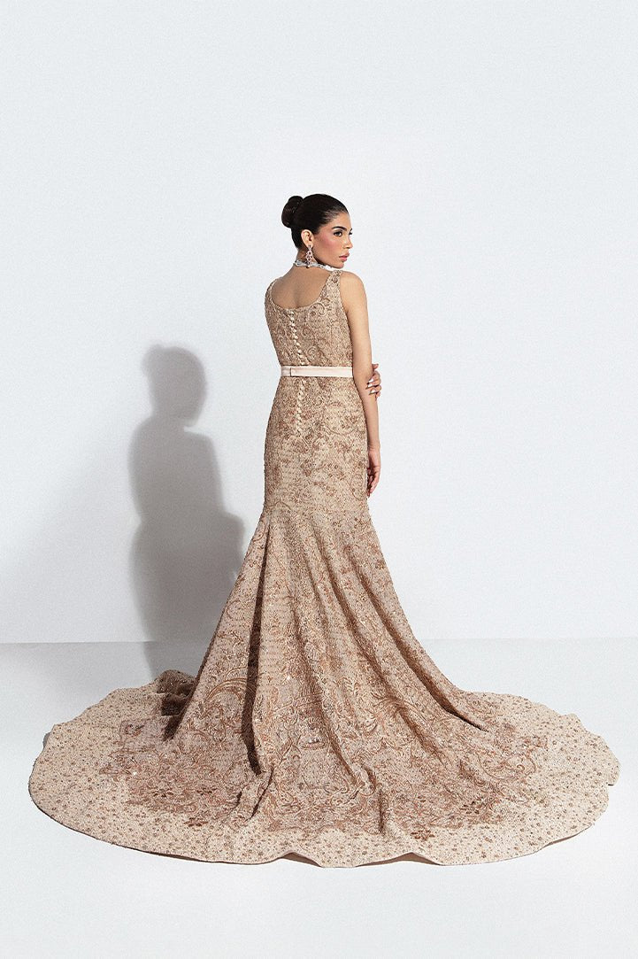 Beige Embroidered Net Bridal Gown (2-Piece) - Image 8