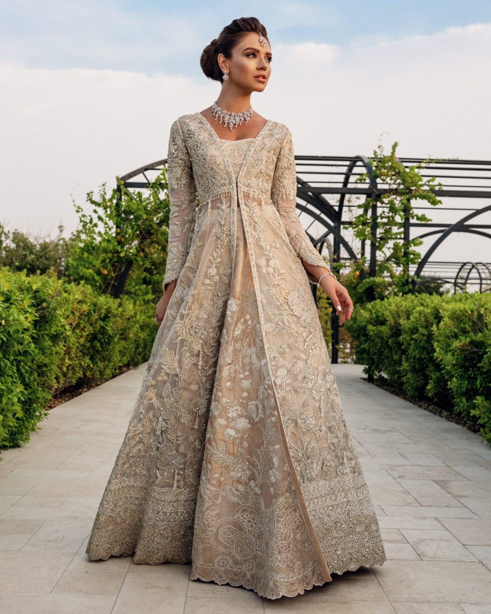 Champagne Beige Embellished Net Silk Bridal Gown (1-Pc) - Image 1