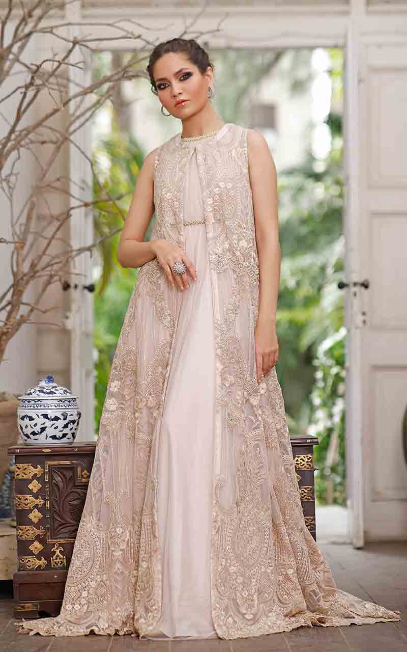Pakistani Beige Embroidered Net Gown with Silk Inner (2-Piece) - Image 1