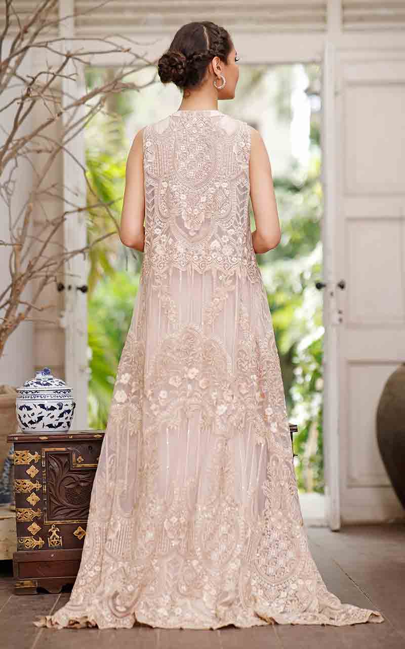 Pakistani Beige Embroidered Net Gown with Silk Inner (2-Piece) - Image 2