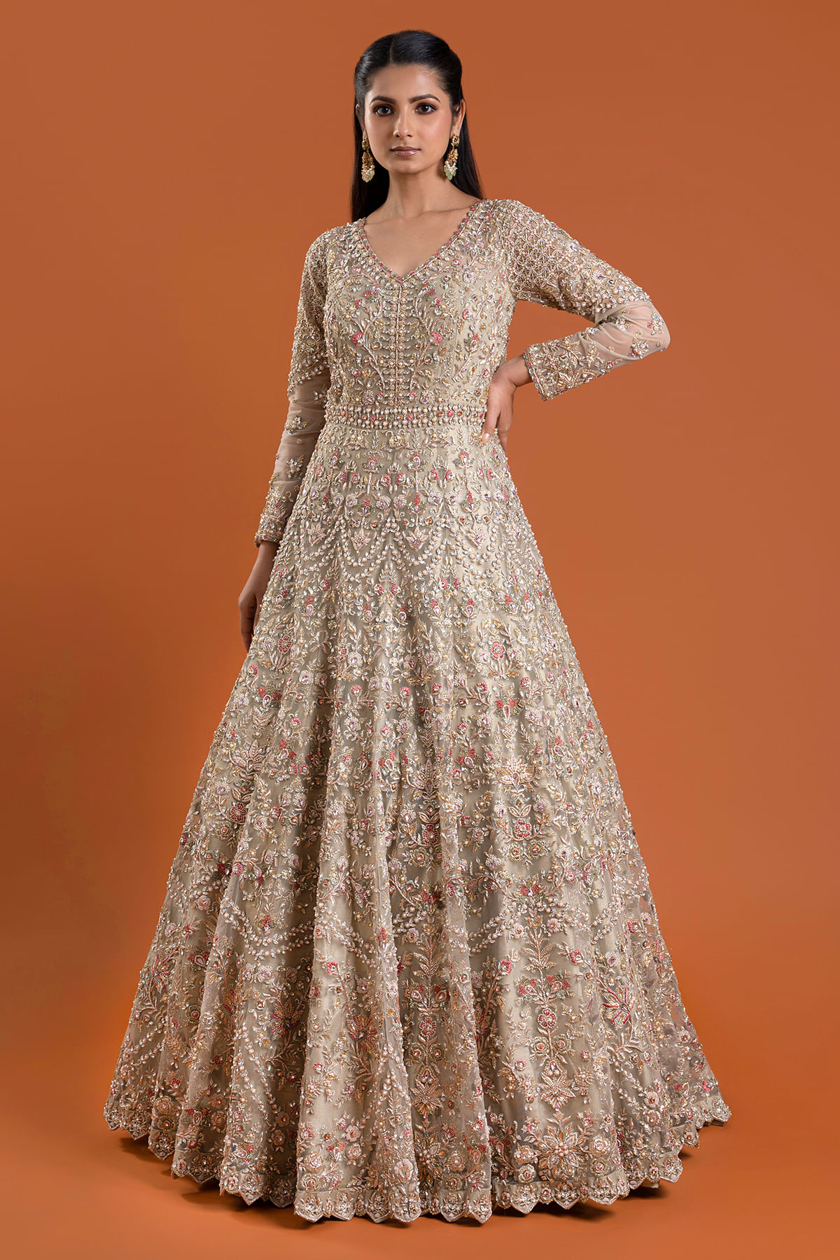 Indian Light Beige Zardosi Net Bridal Gown (2-Piece) - Image 1