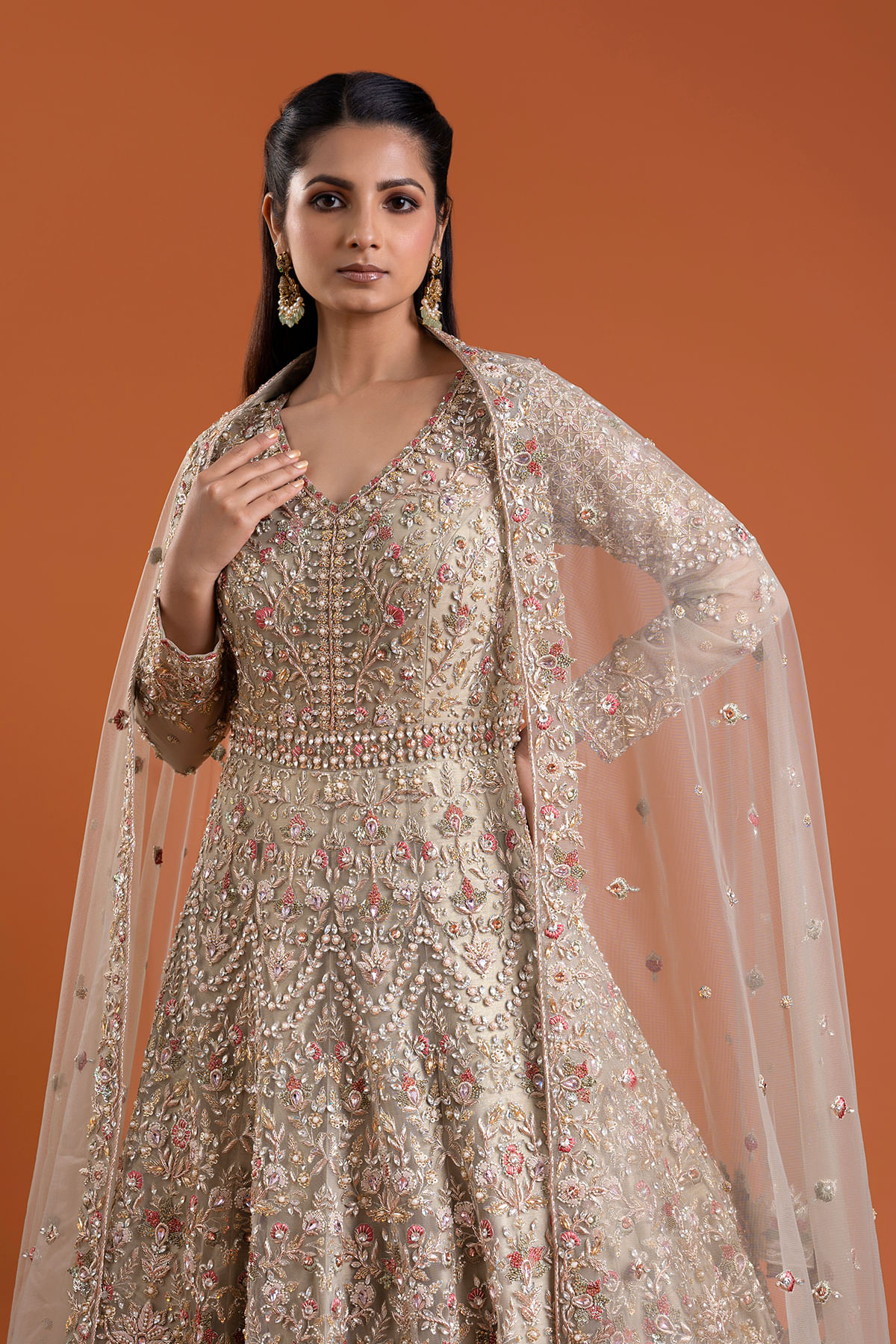 Indian Light Beige Zardosi Net Bridal Gown (2-Piece) - Image 2