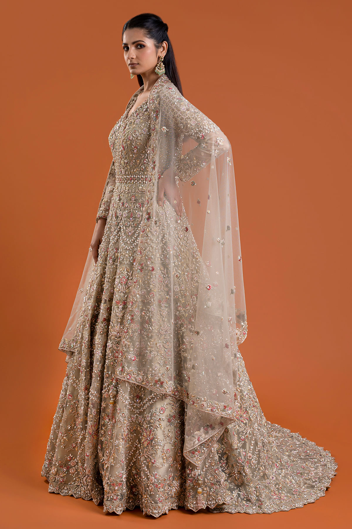 Indian Light Beige Zardosi Net Bridal Gown (2-Piece) - Image 3