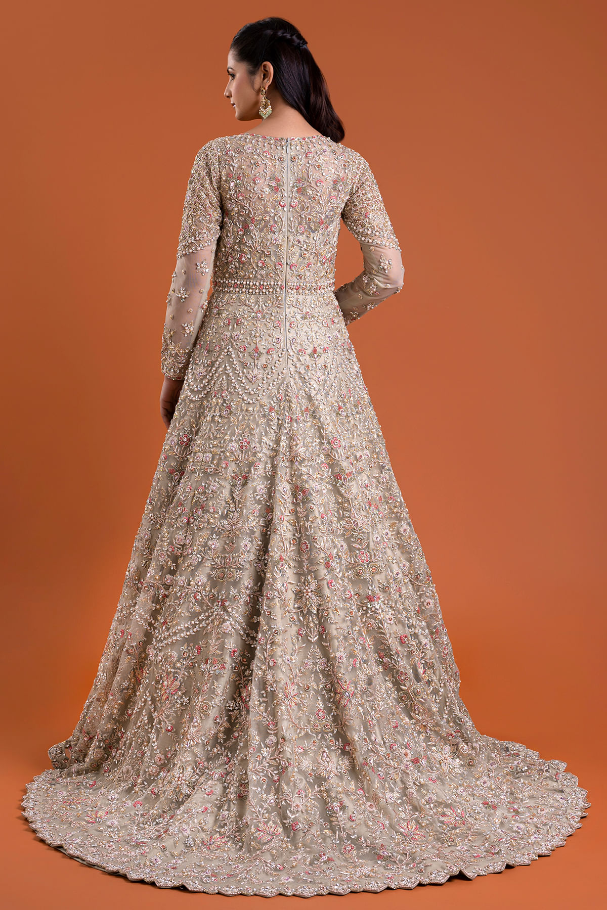 Indian Light Beige Zardosi Net Bridal Gown (2-Piece) - Image 4