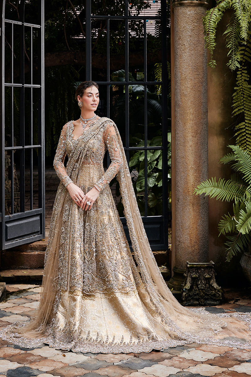 Pakistani Beige Zardozi Net Bridal Gown (2-Piece) - Image 1