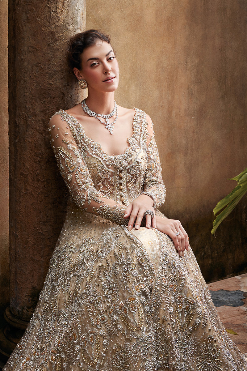 Pakistani Beige Zardozi Net Bridal Gown (2-Piece) - Image 10