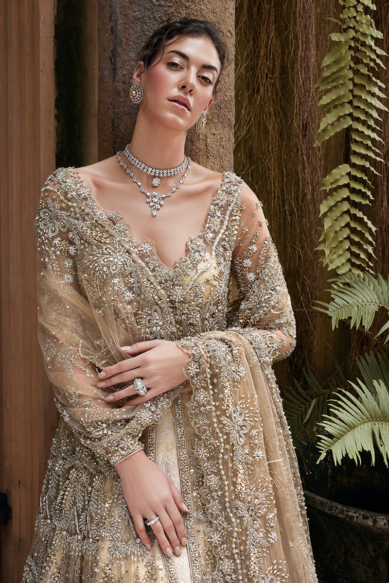 Pakistani Beige Zardozi Net Bridal Gown (2-Piece) - Image 2