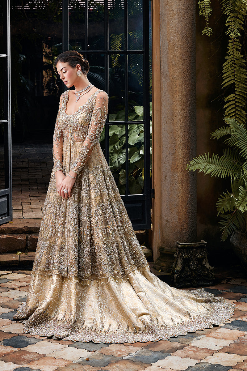 Pakistani Beige Zardozi Net Bridal Gown (2-Piece) - Image 4