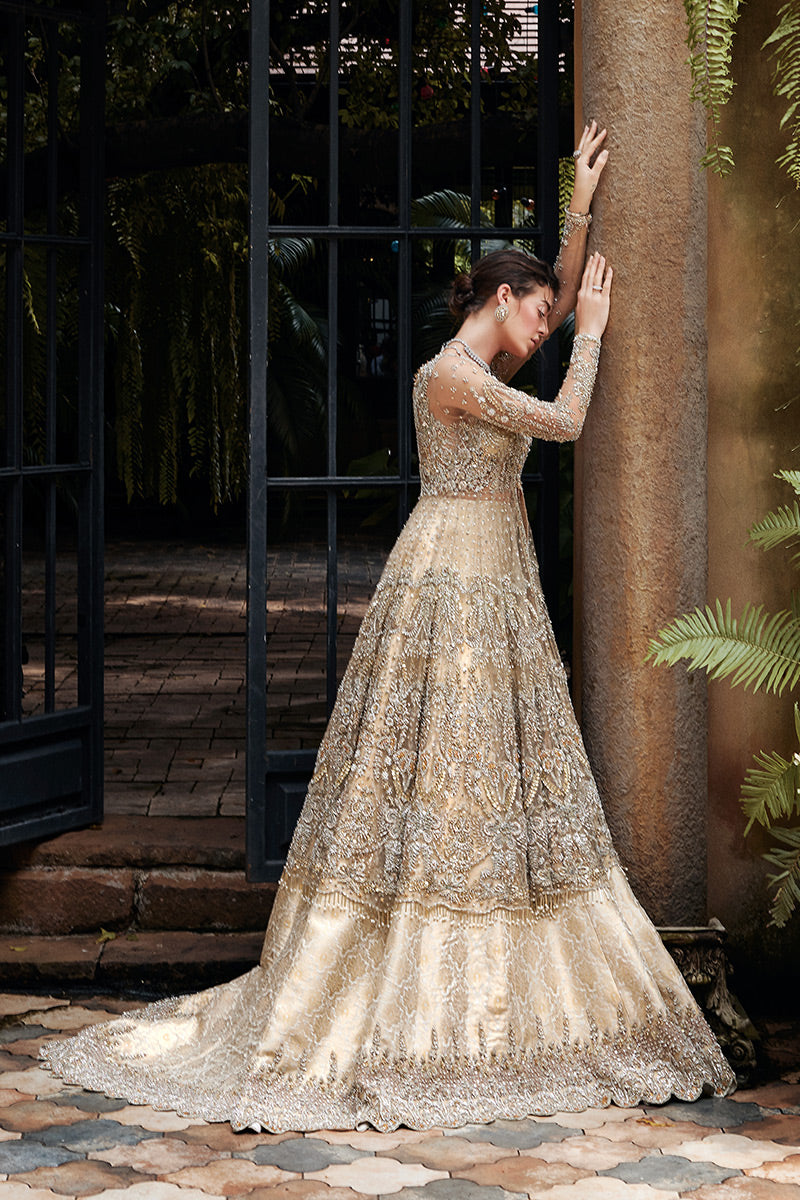 Pakistani Beige Zardozi Net Bridal Gown (2-Piece) - Image 5