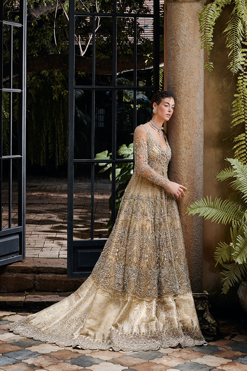 Pakistani Beige Zardozi Net Bridal Gown (2-Piece) - Image 6