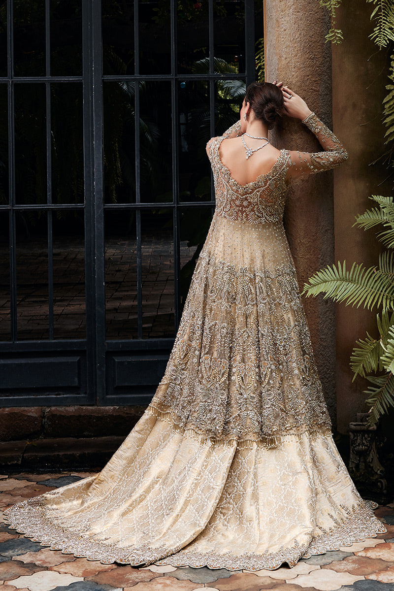 Pakistani Beige Zardozi Net Bridal Gown (2-Piece) - Image 7